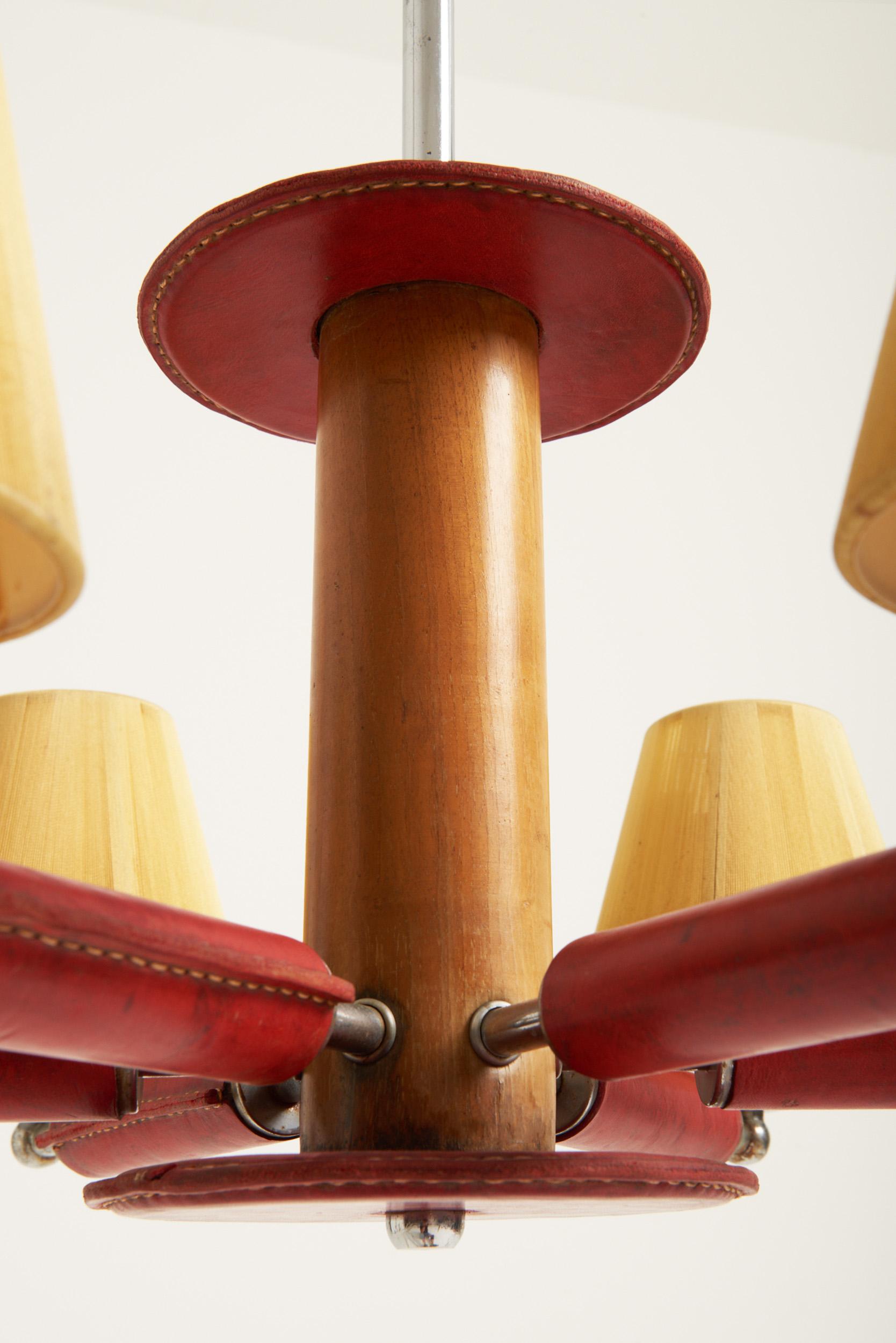 French Red Leather Ceiling Light by Jacques Adnet (1900-1984)
