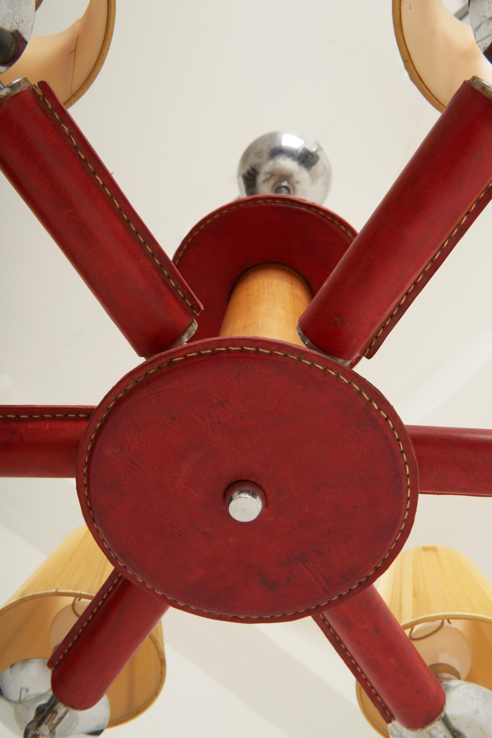 Red Leather Ceiling Light by Jacques Adnet (1900-1984) In Good Condition In London, GB