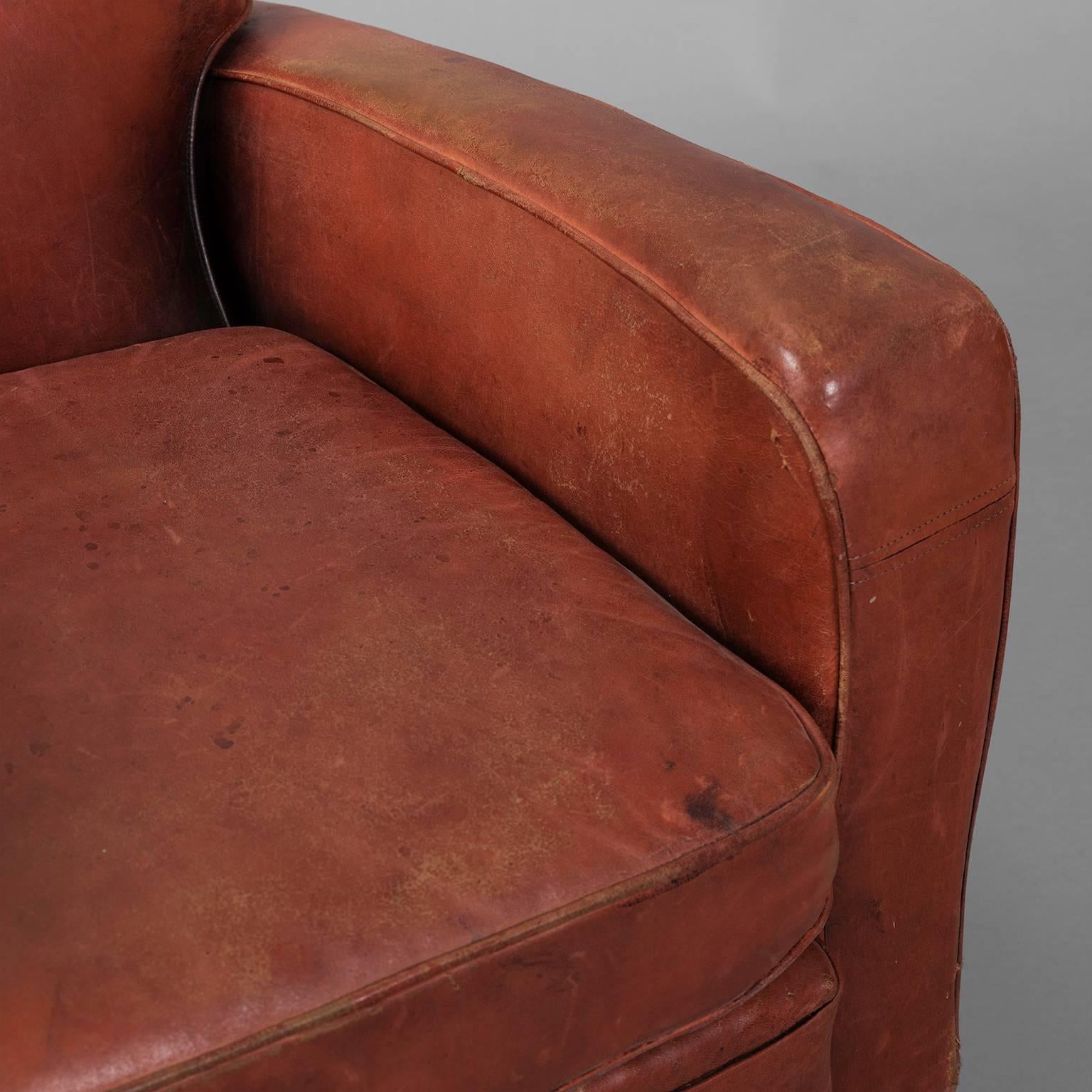 French Red Leather Club Armchair, circa 1940 For Sale