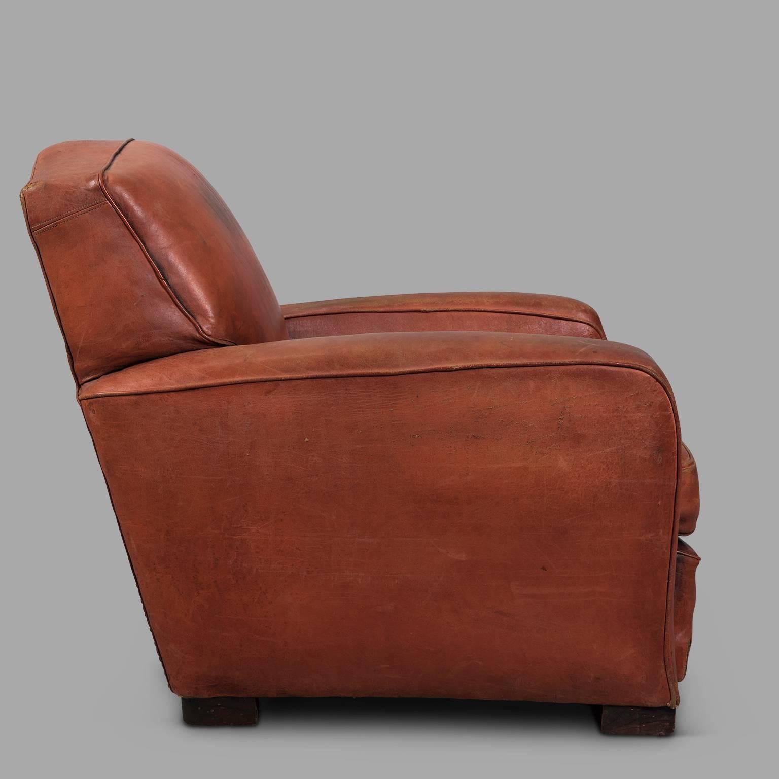 Mid-20th Century Red Leather Club Armchair, circa 1940 For Sale