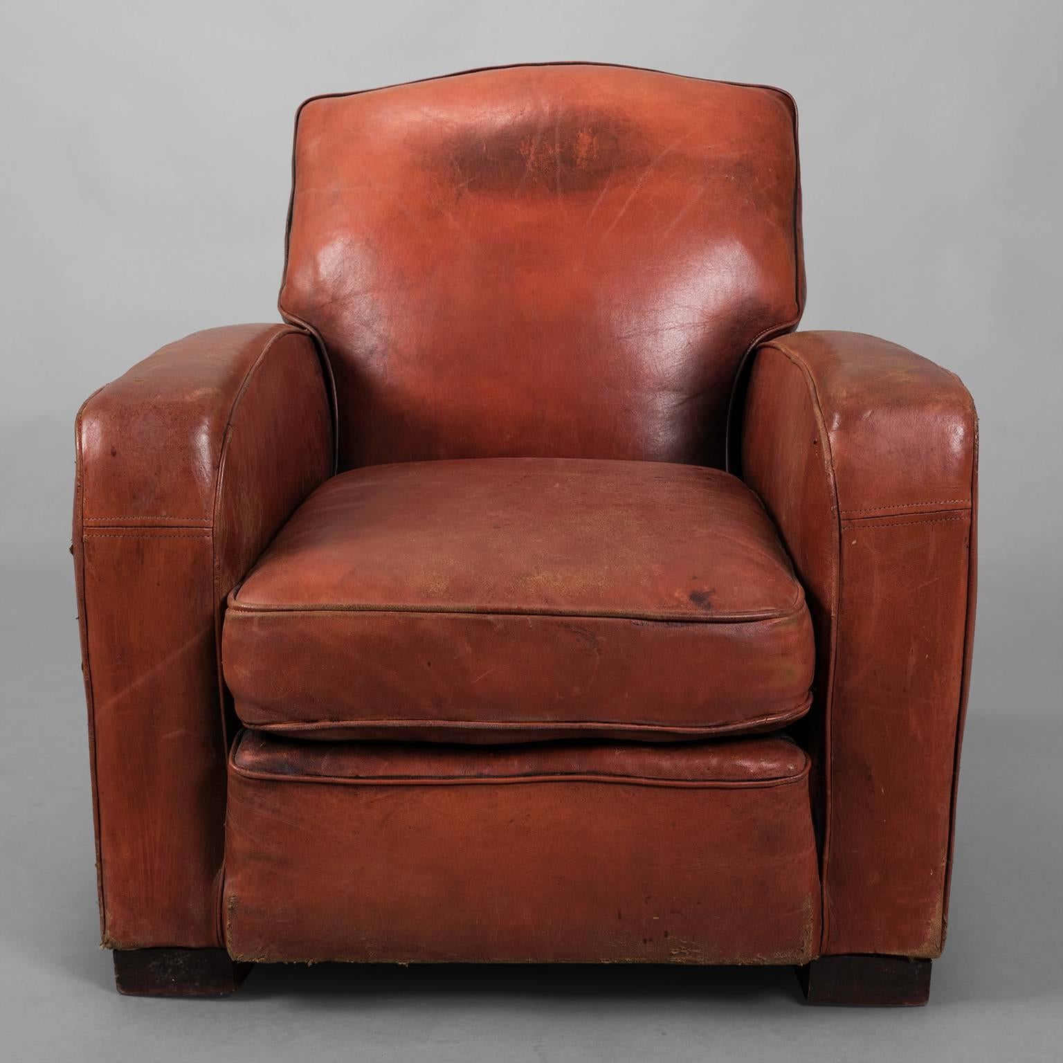 Red Leather Club Armchair, circa 1940 For Sale 1