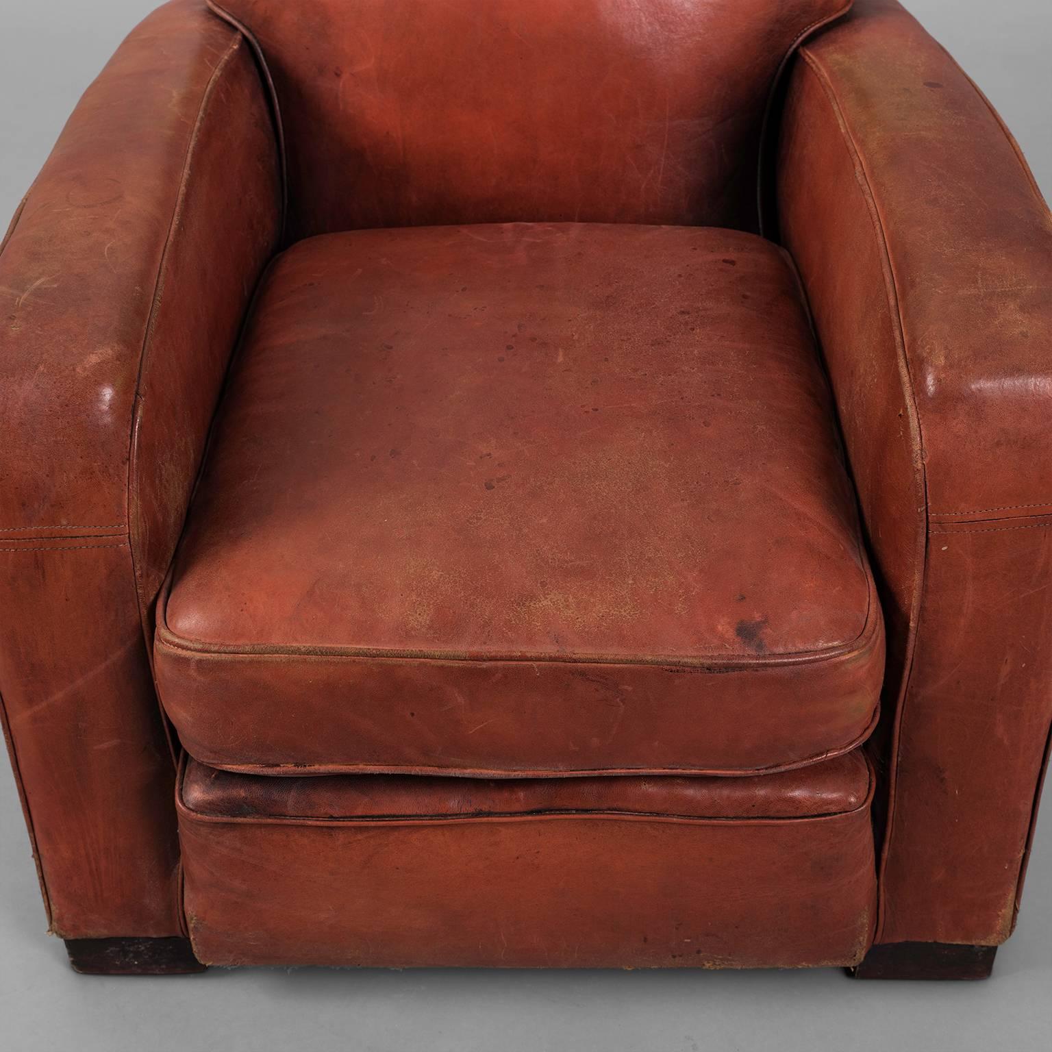 Red Leather Club Armchair, circa 1940 For Sale 2