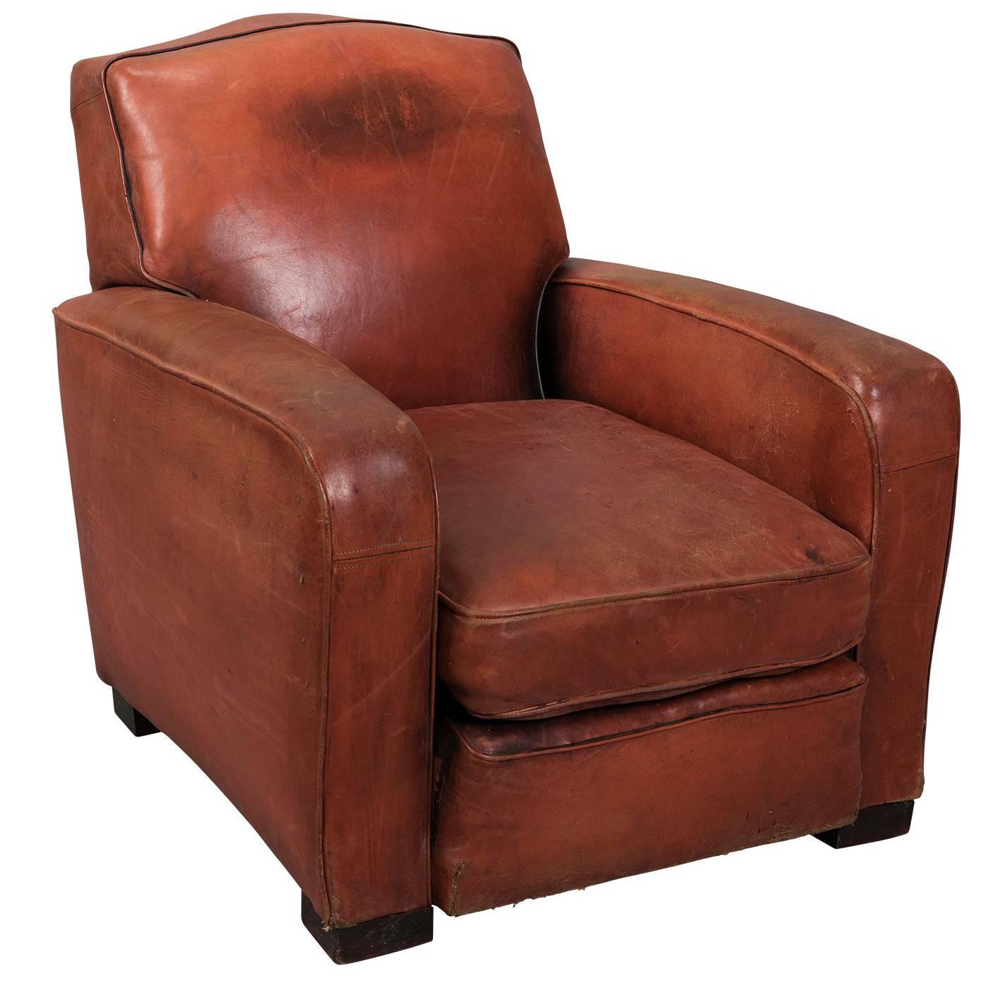 Red Leather Club Armchair, circa 1940 For Sale