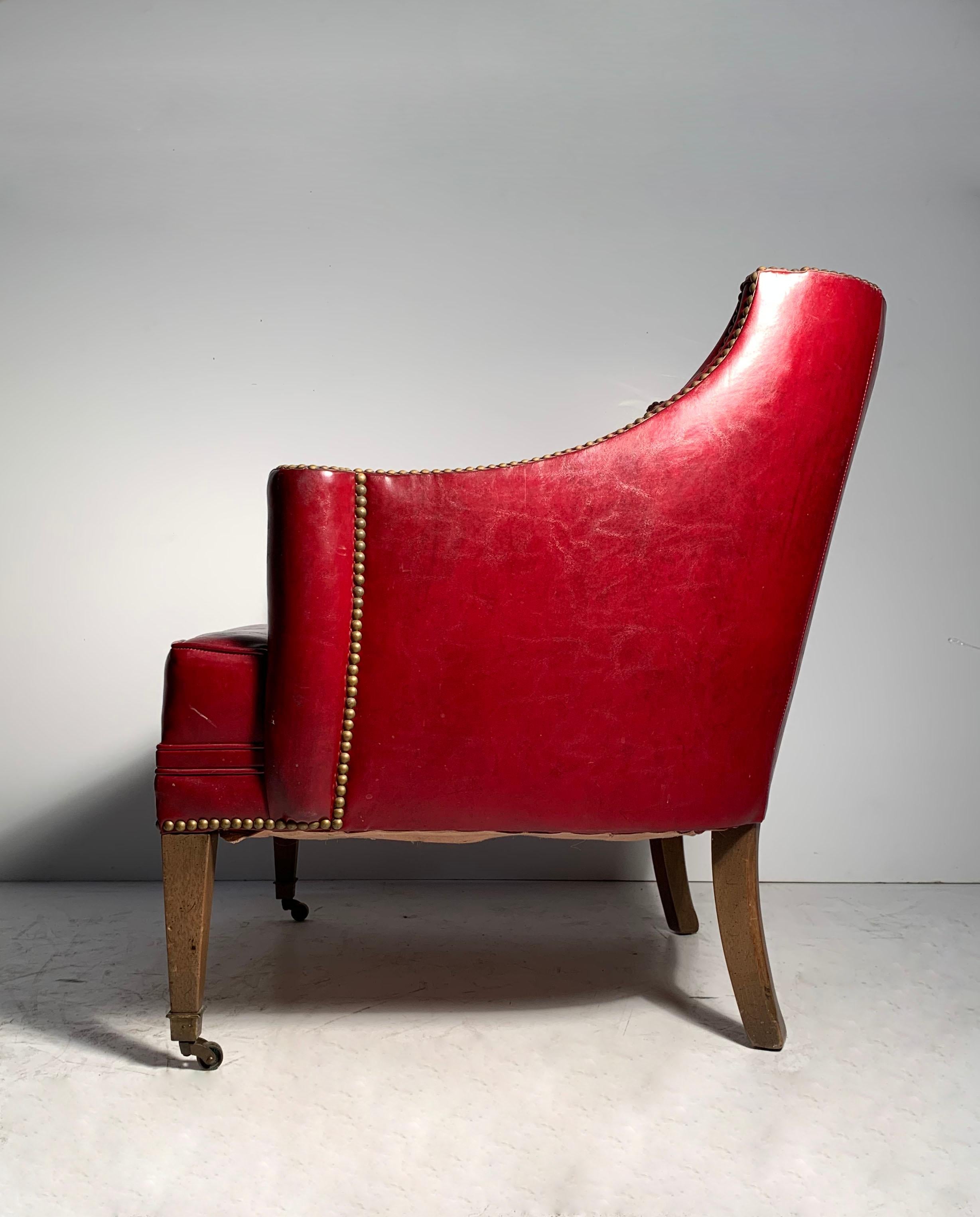 Mid-Century Modern Vintage Decorator Chair in Red Leather on Castors