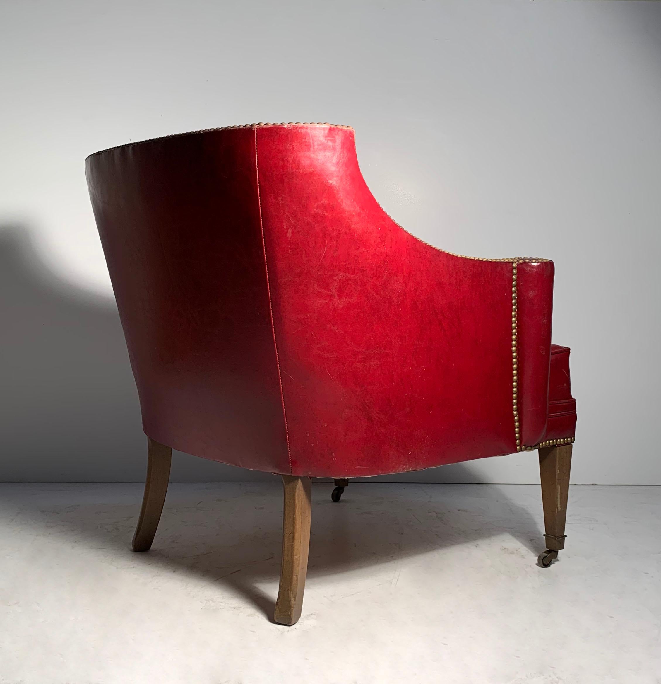 American Vintage Decorator Chair in Red Leather on Castors