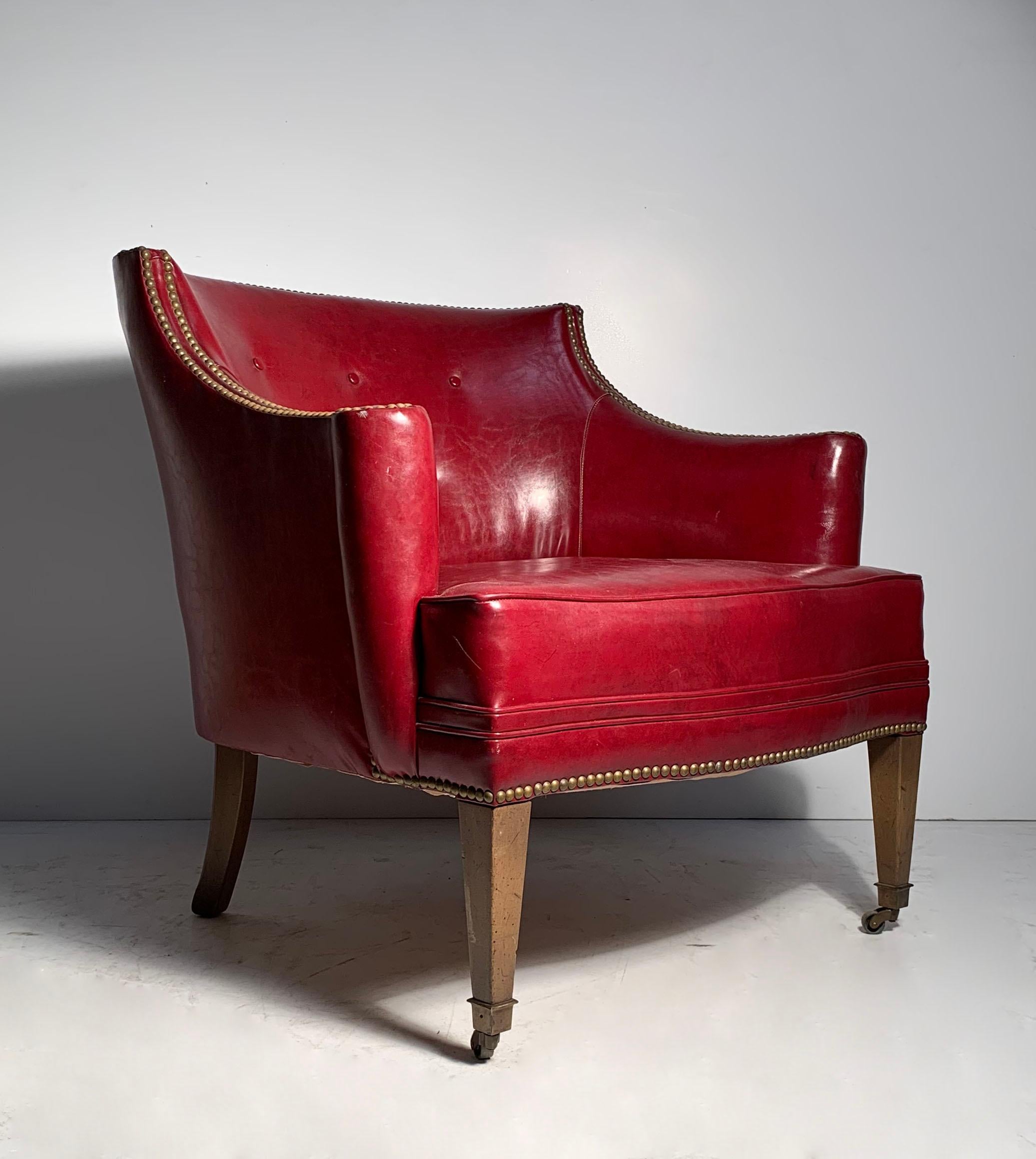 Vintage Decorator Chair in Red Leather on Castors In Good Condition In Chicago, IL