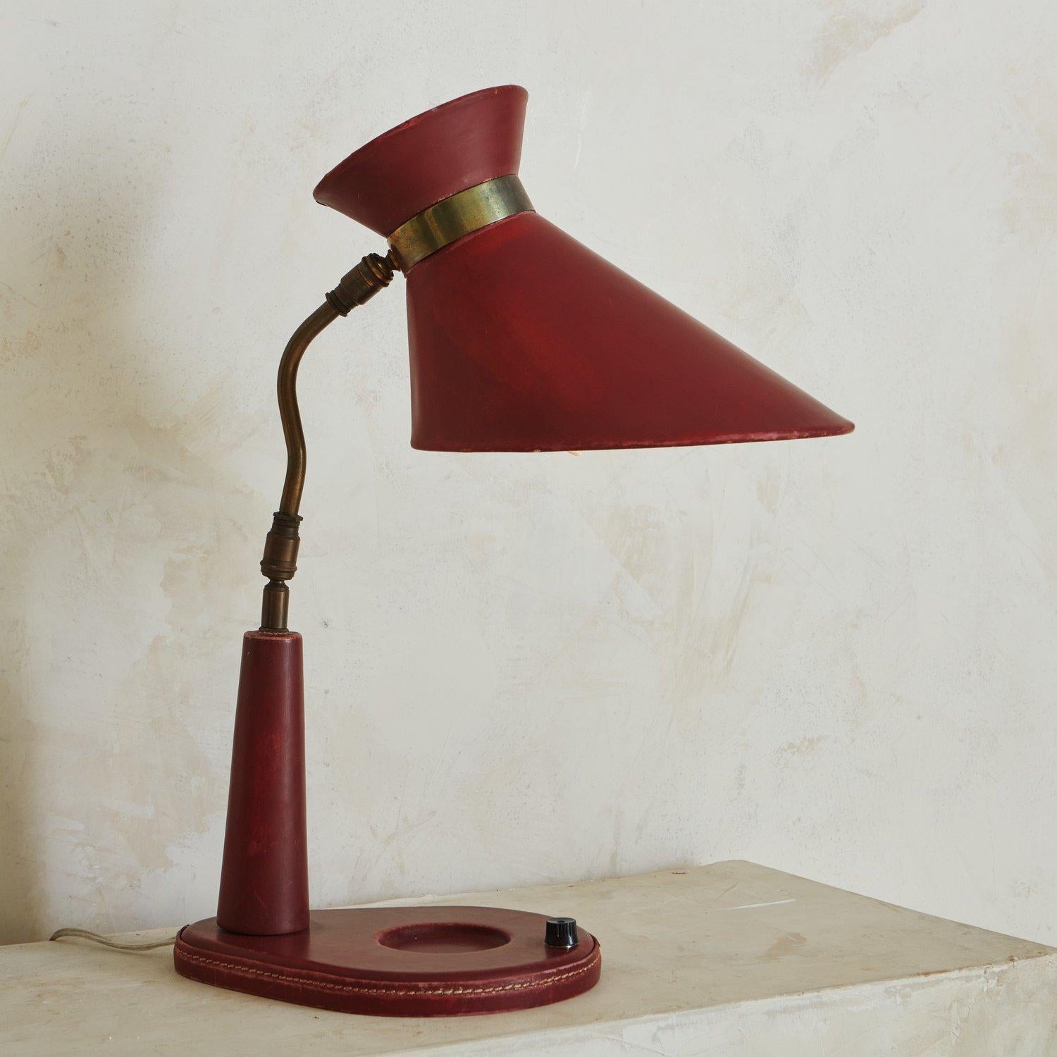 French Red Leather Desk Lamp in the Style of Jacques Adnet, France 1950s