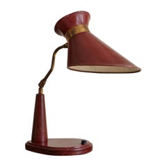 Red Leather Desk Lamp in the Style of Jacques Adnet, France 1950s