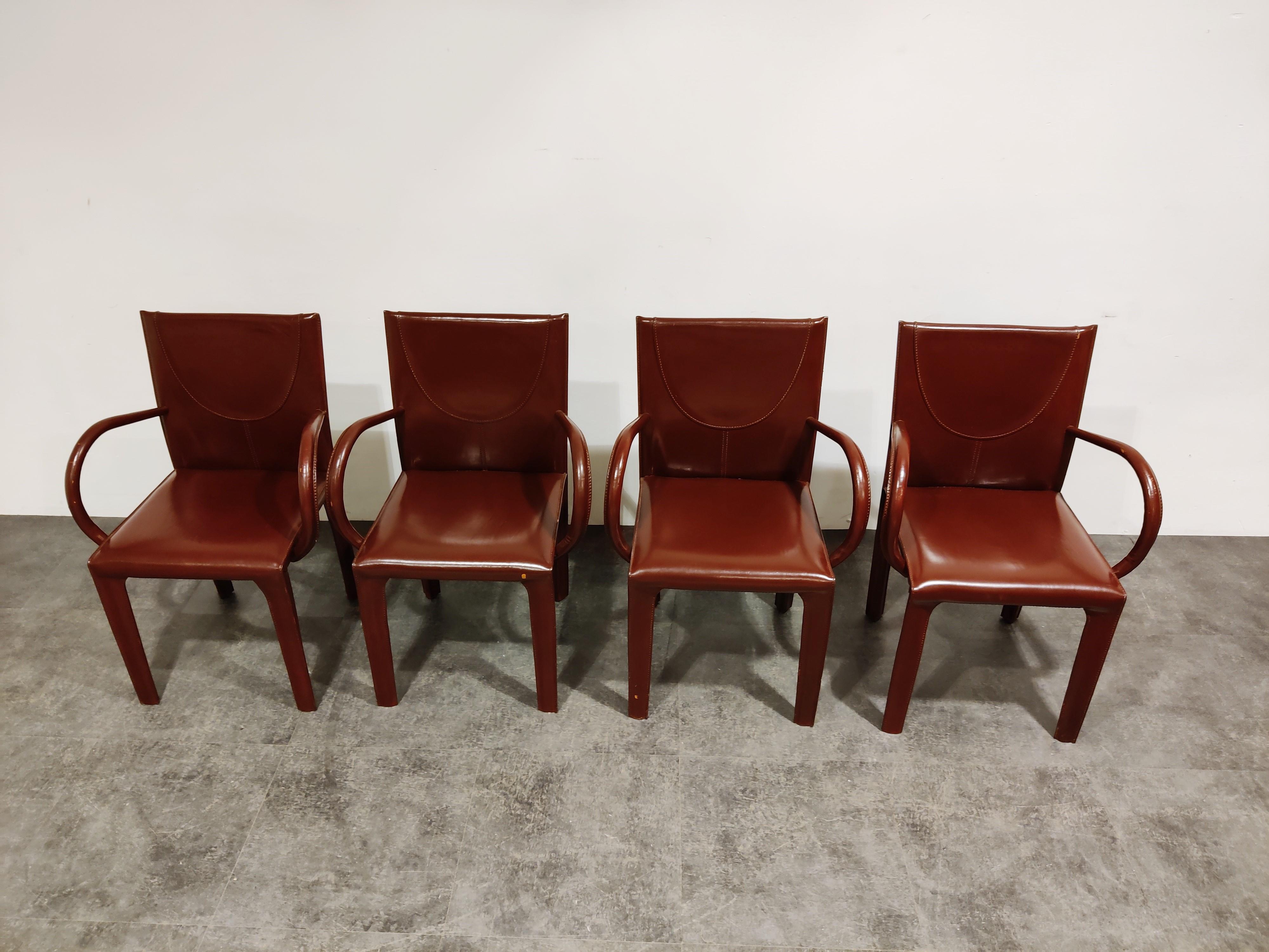 Mid-Century Modern Red Leather Dining Chairs by Arper Italy, 1980s