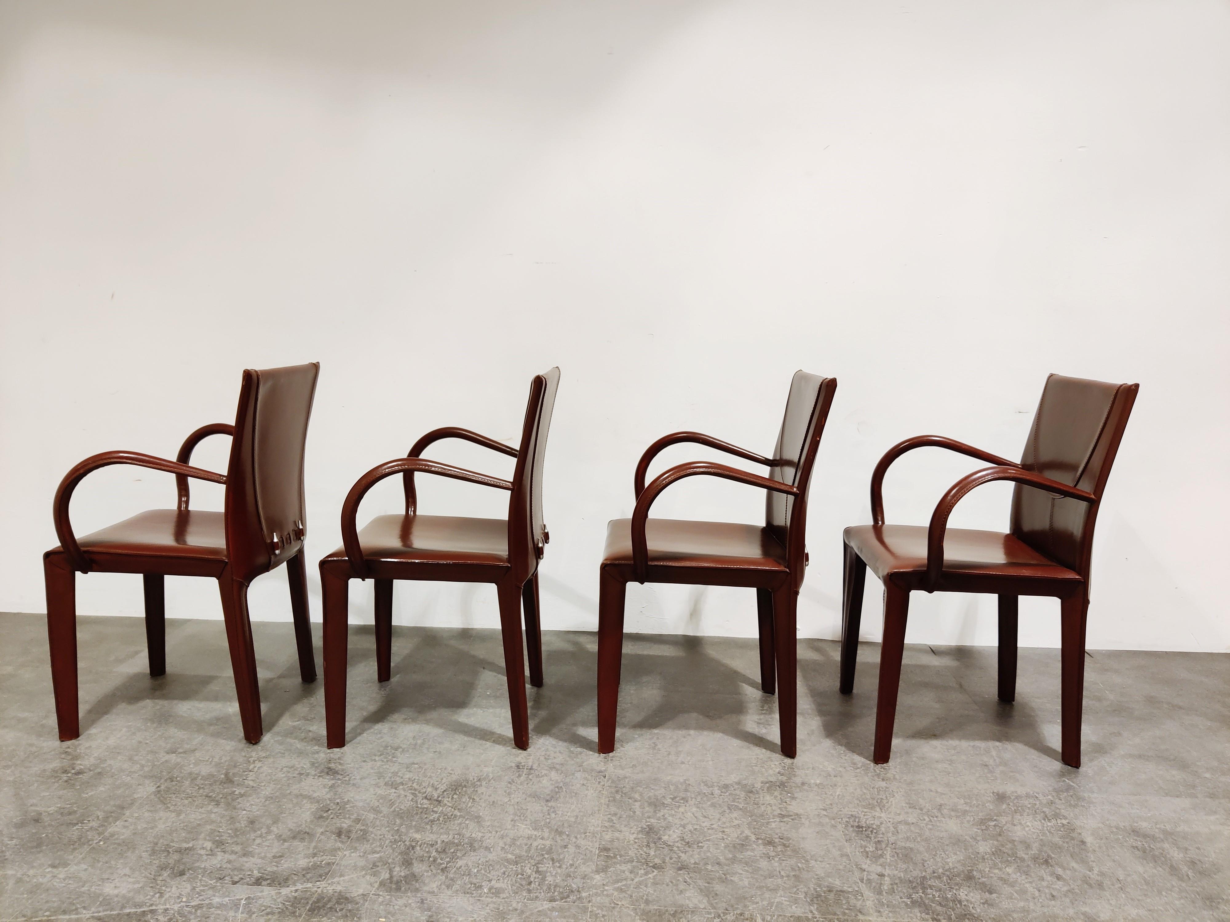 Italian Red Leather Dining Chairs by Arper Italy, 1980s