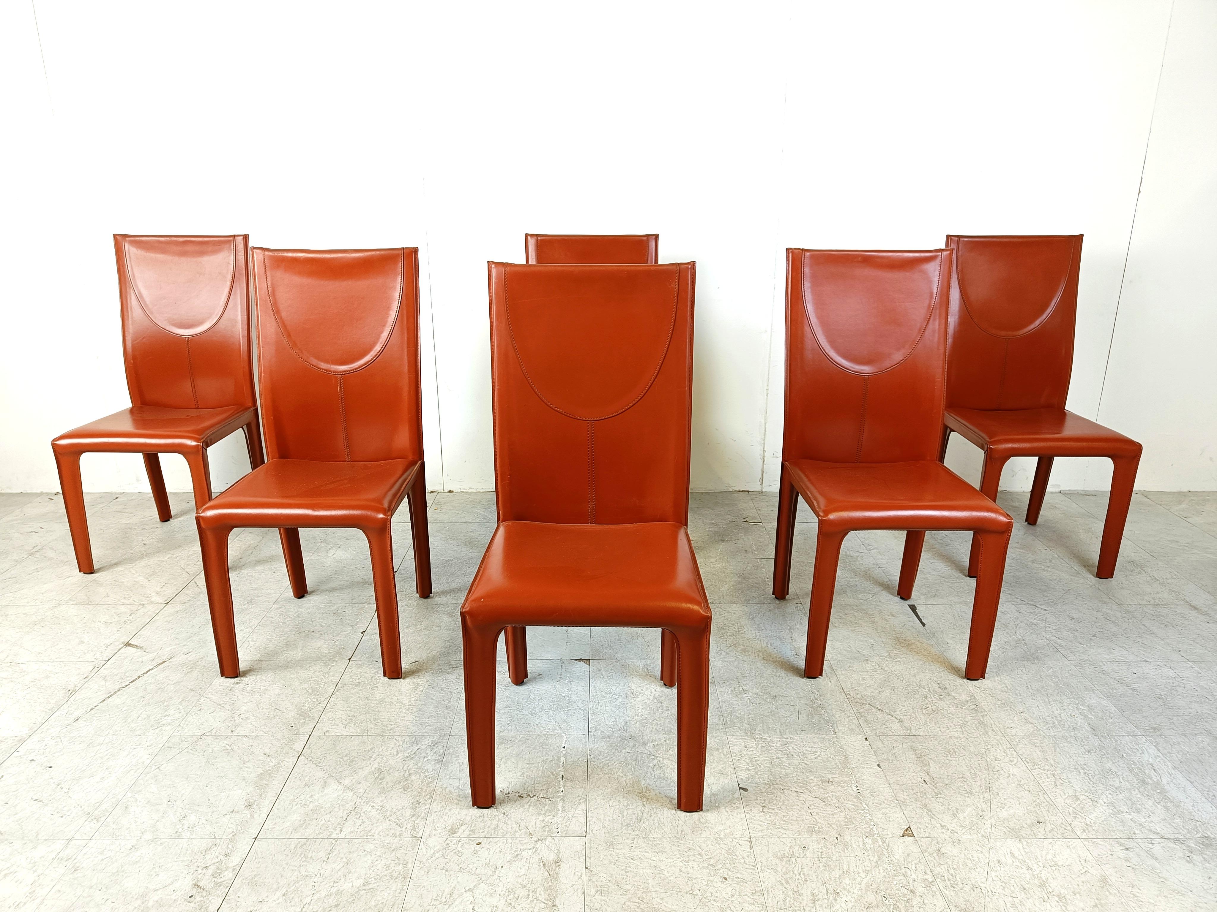 Modern Red leather dining chairs by Arper italy, 1980s - set of 6 For Sale