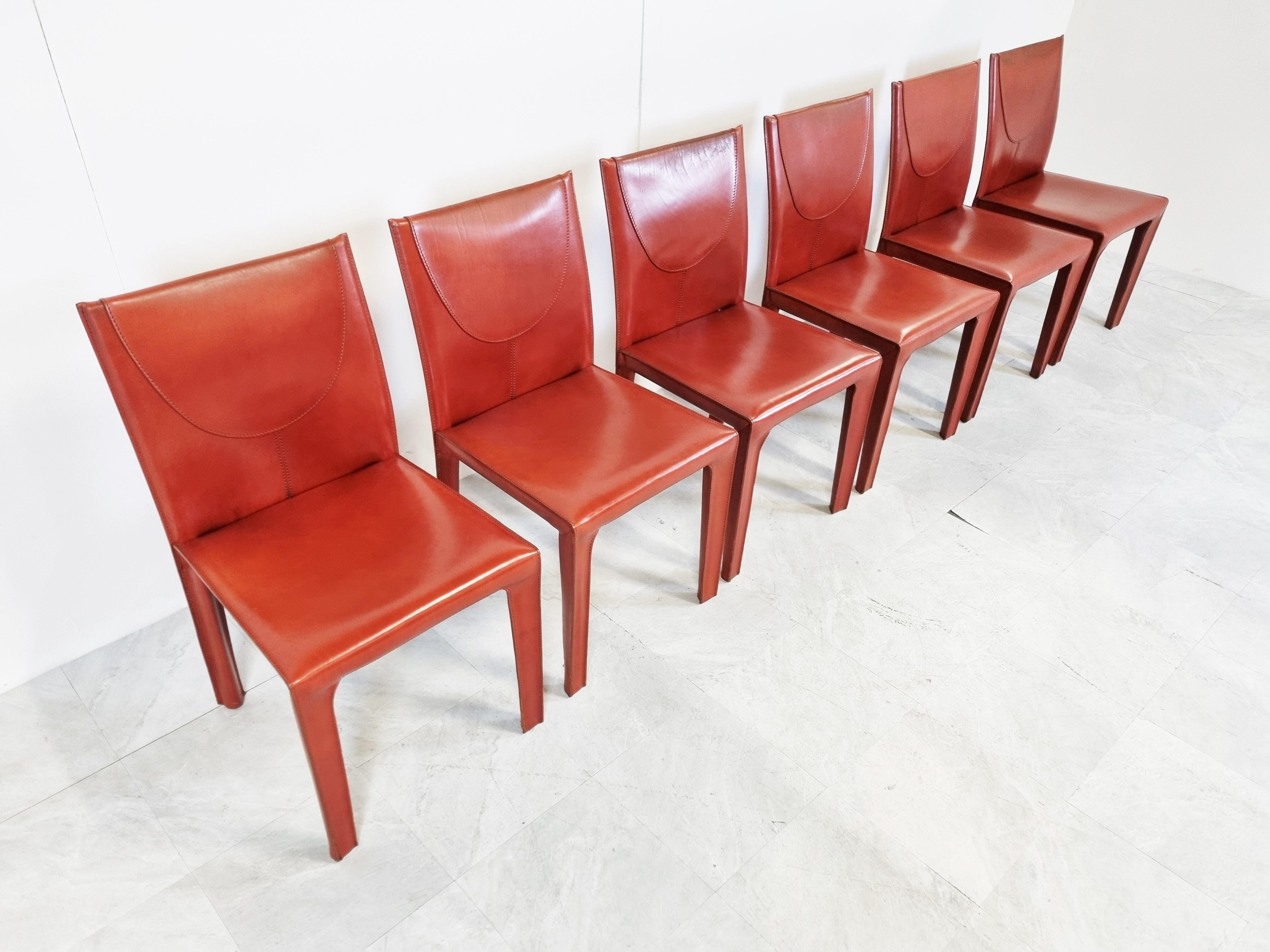 Italian Red Leather Dining Chairs by Arper Italy, 1980s, Set of 6