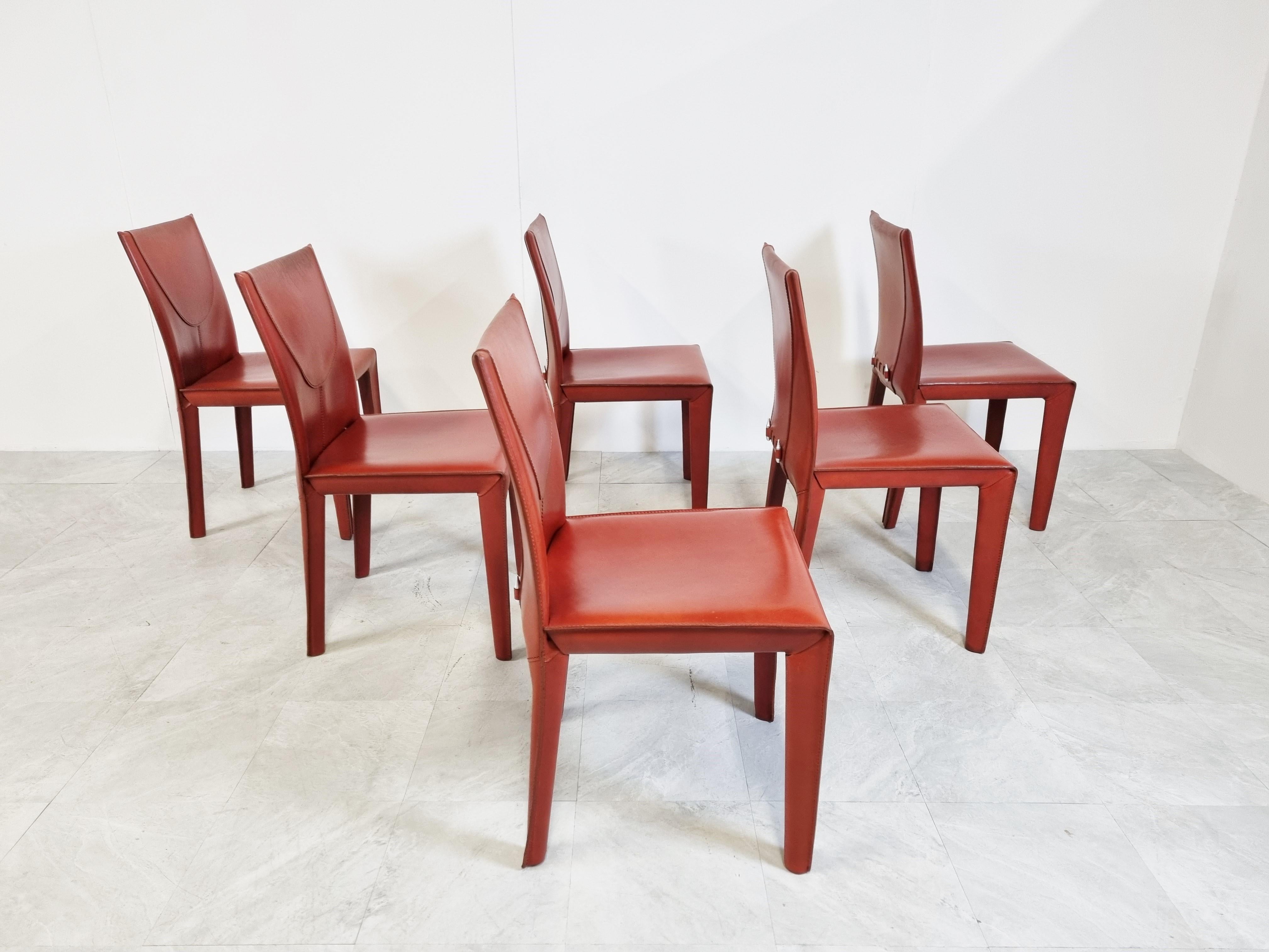 Late 20th Century Red Leather Dining Chairs by Arper Italy, 1980s, Set of 6