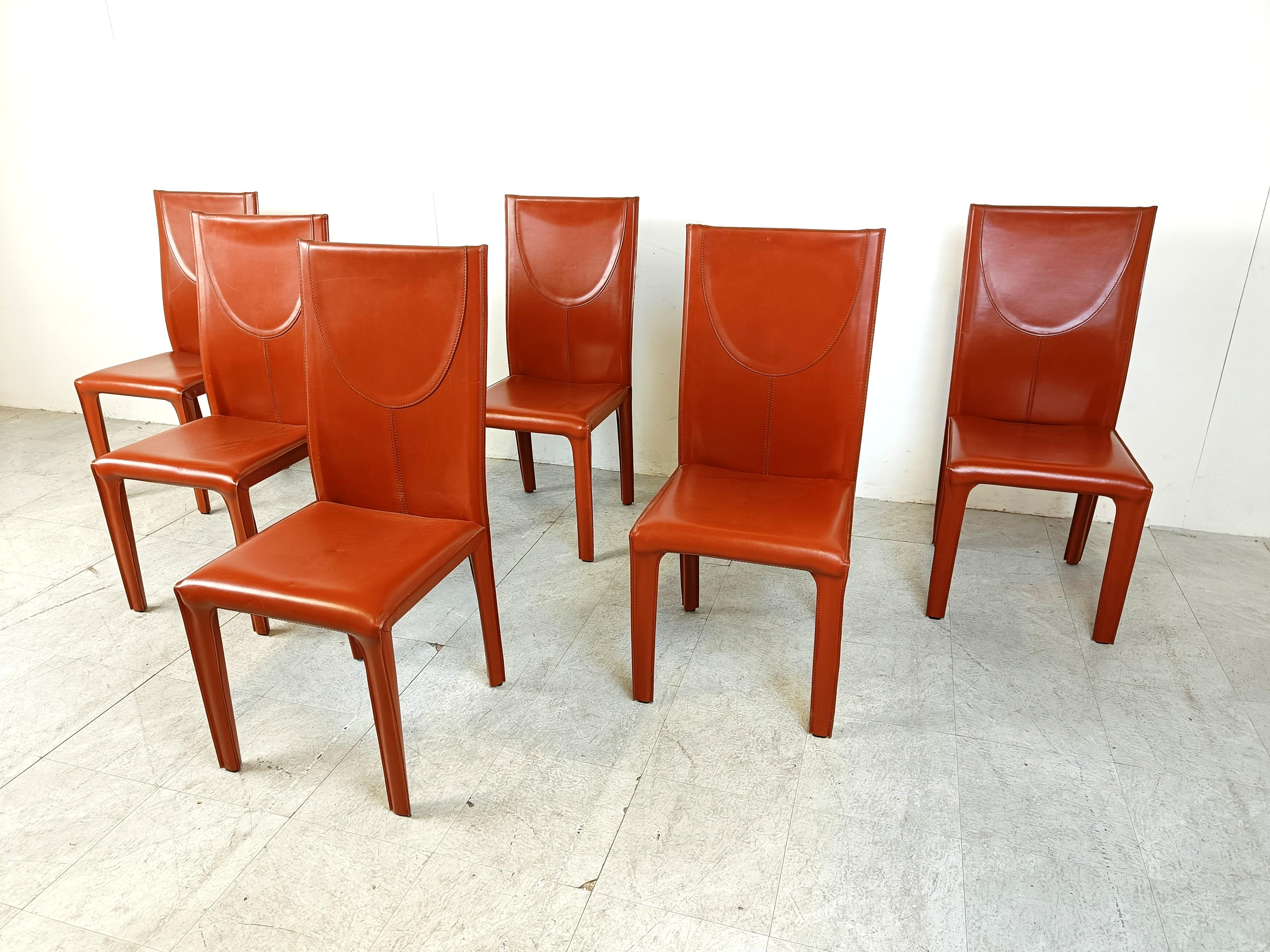Late 20th Century Red leather dining chairs by Arper italy, 1980s - set of 6 For Sale