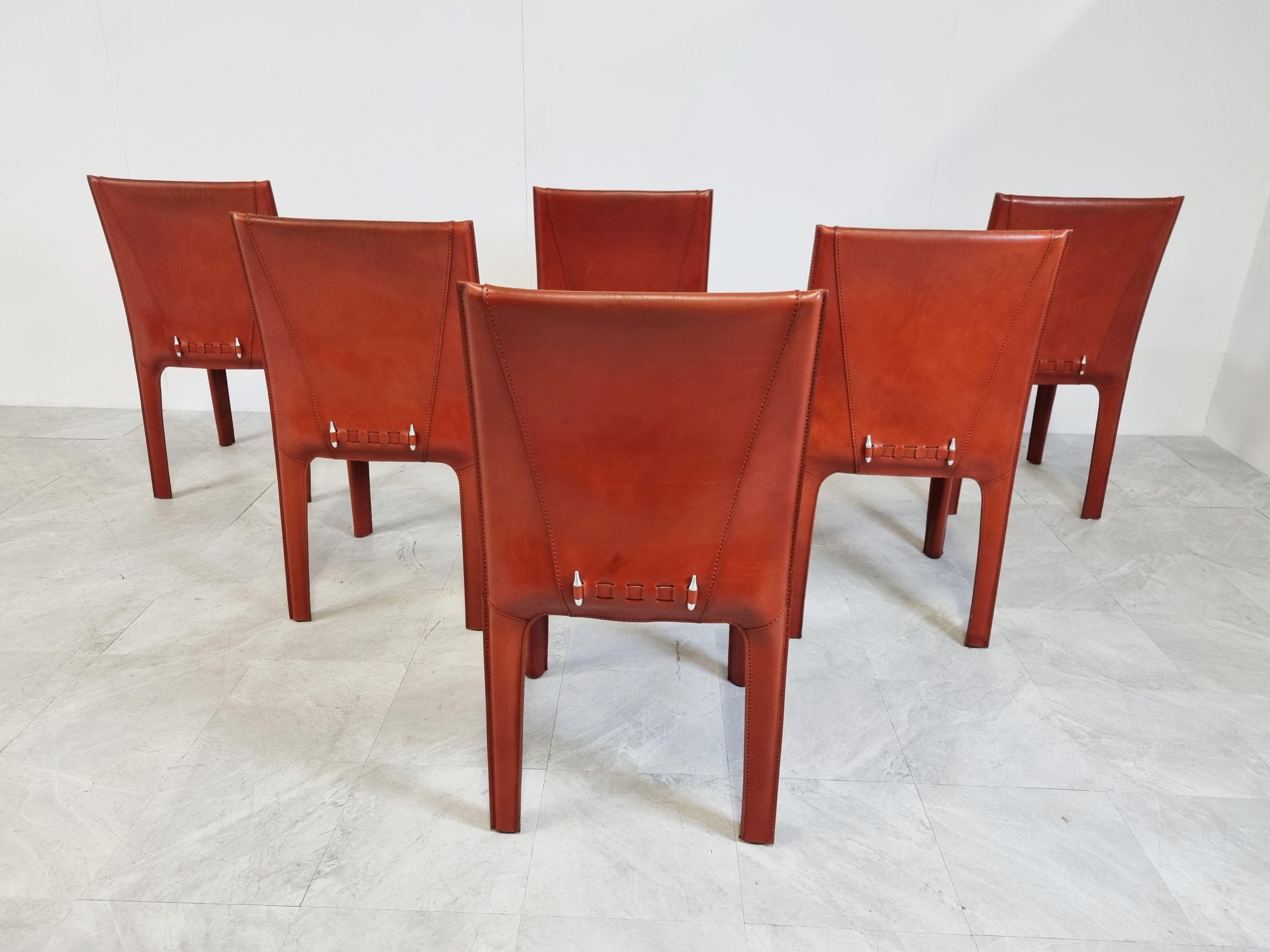 Red Leather Dining Chairs by Arper Italy, 1980s, Set of 6 1