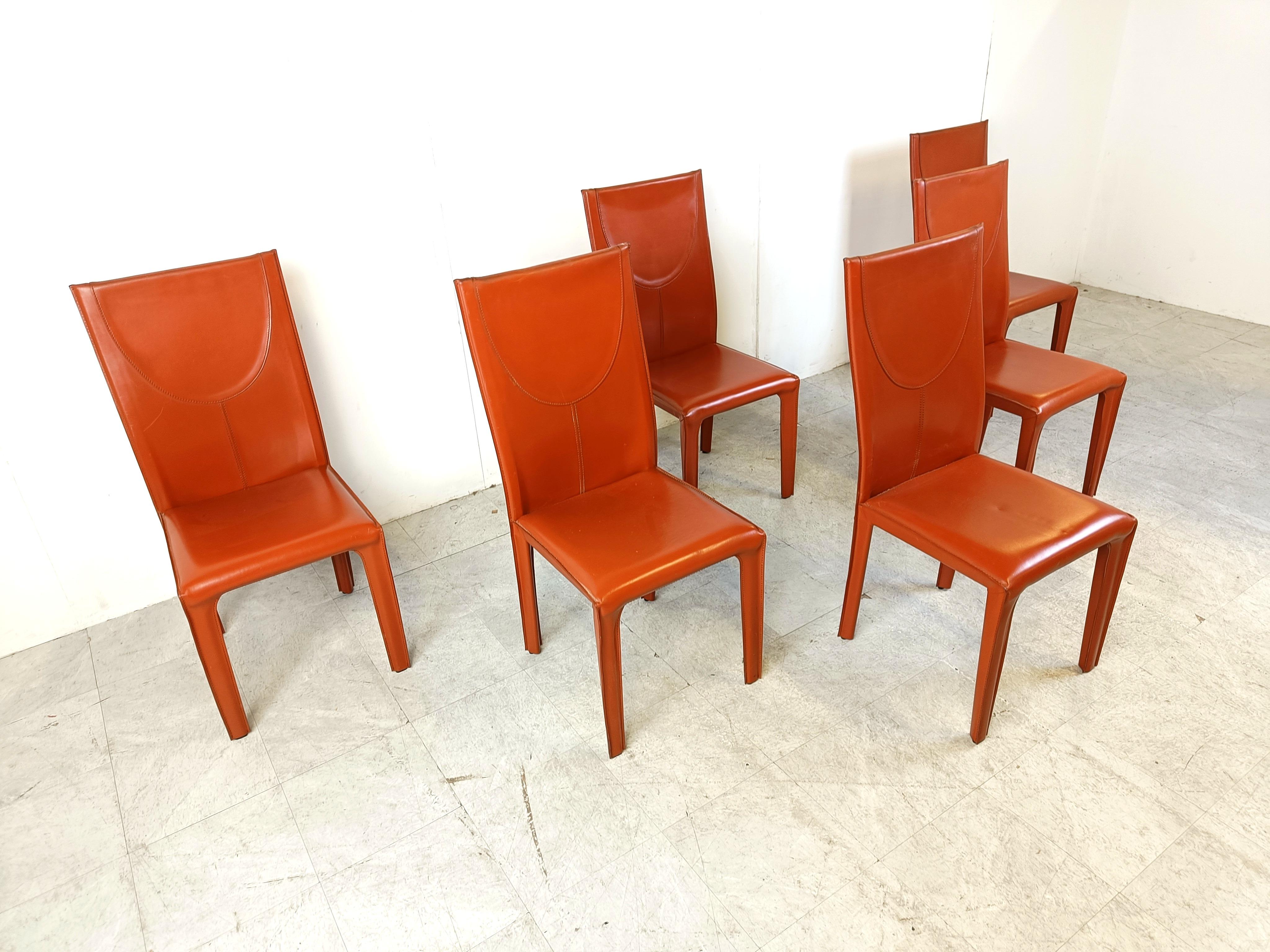 Leather Red leather dining chairs by Arper italy, 1980s - set of 6 For Sale