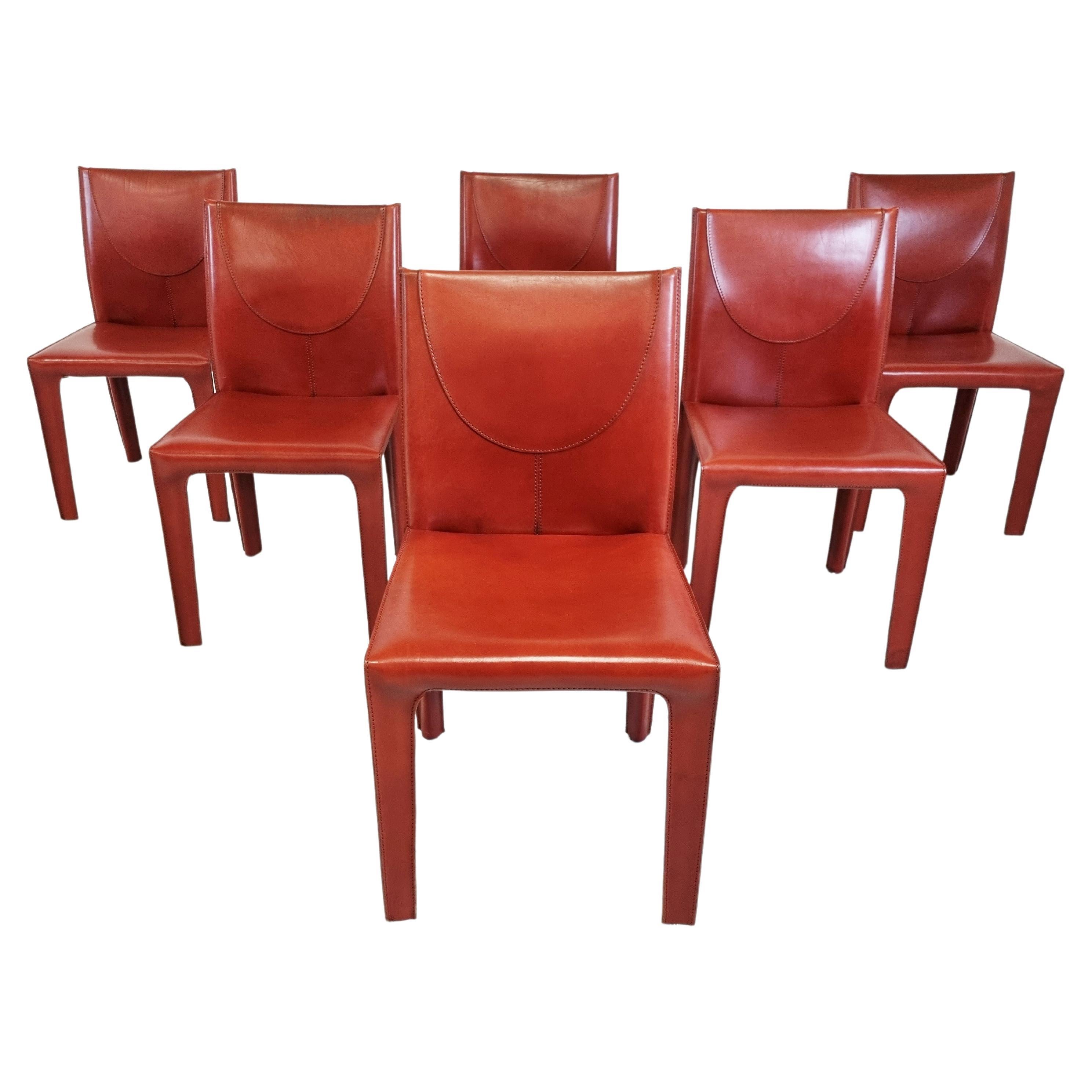 Red Leather Dining Chairs by Arper Italy, 1980s, Set of 6