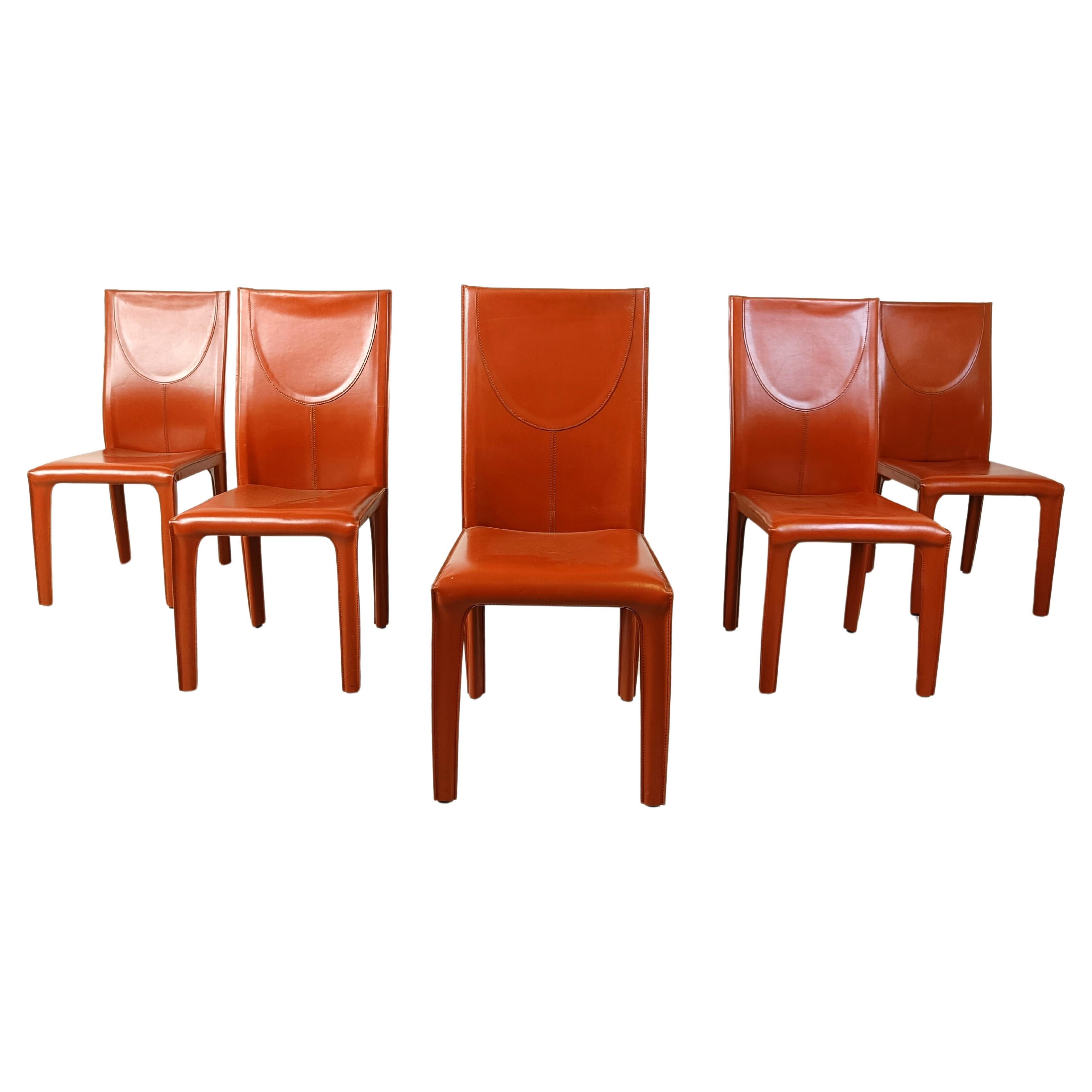 Red leather dining chairs by Arper italy, 1980s - set of 6 For Sale