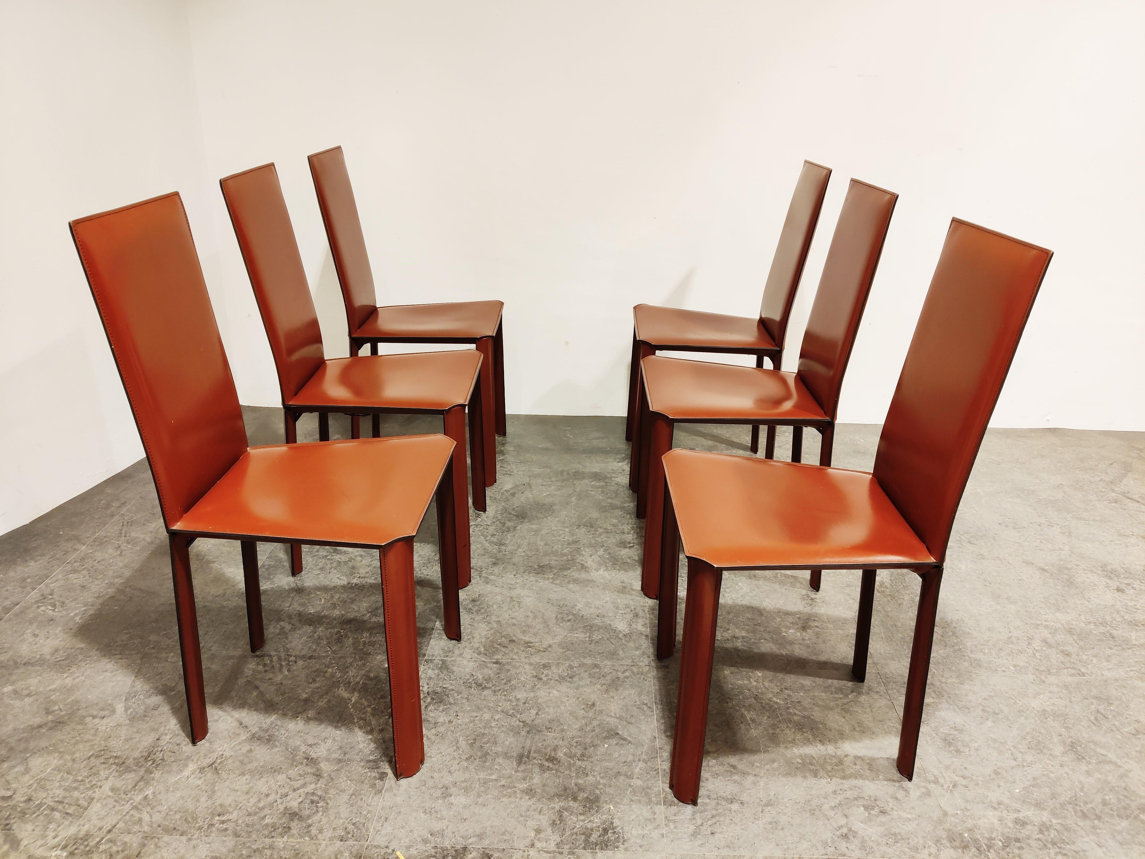 Modern Red Leather Dining Chairs by De Couro Brazil, 1980s