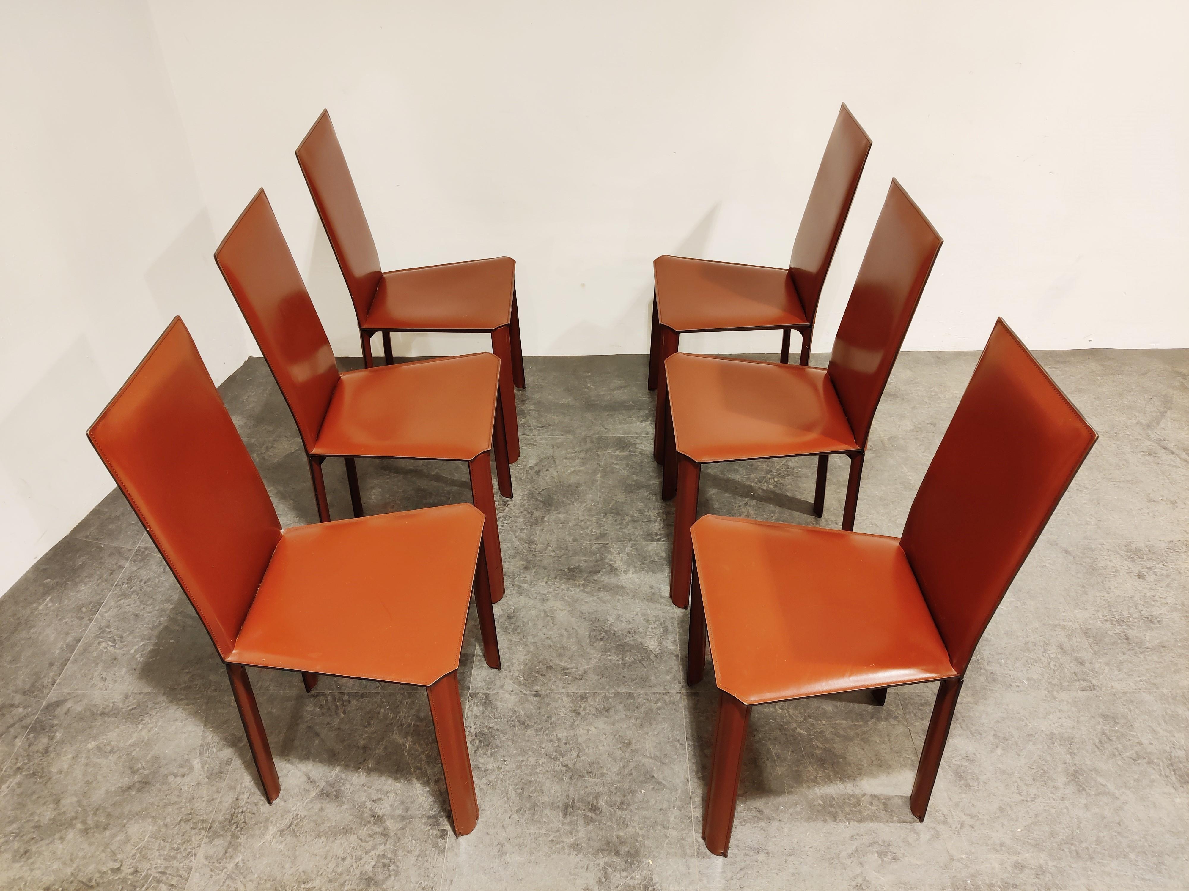 Brazilian Red Leather Dining Chairs by De Couro Brazil, 1980s