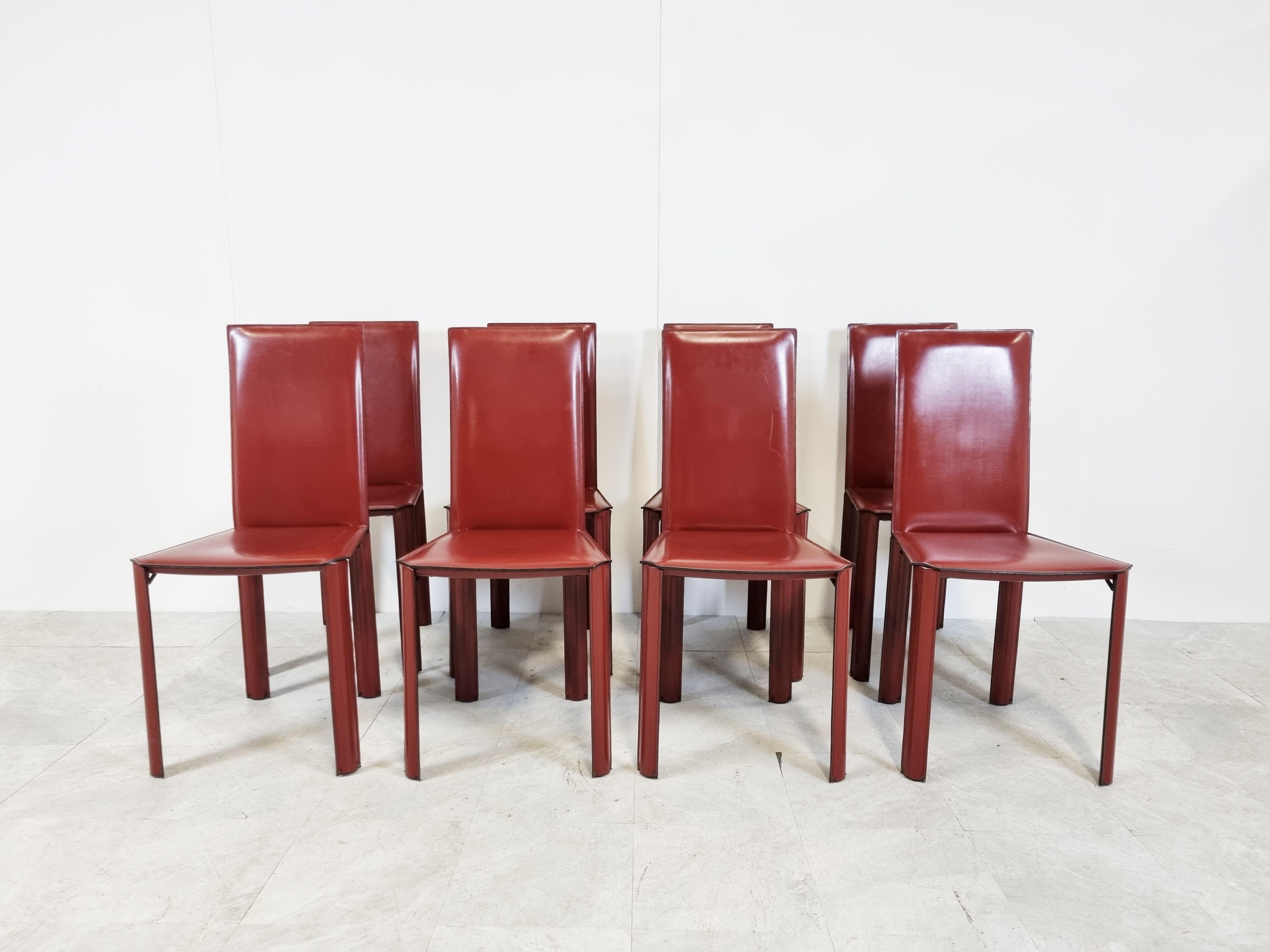 Red Leather Dining Chairs by De Couro Brazil, 1980s, Set of 8 In Good Condition In HEVERLEE, BE