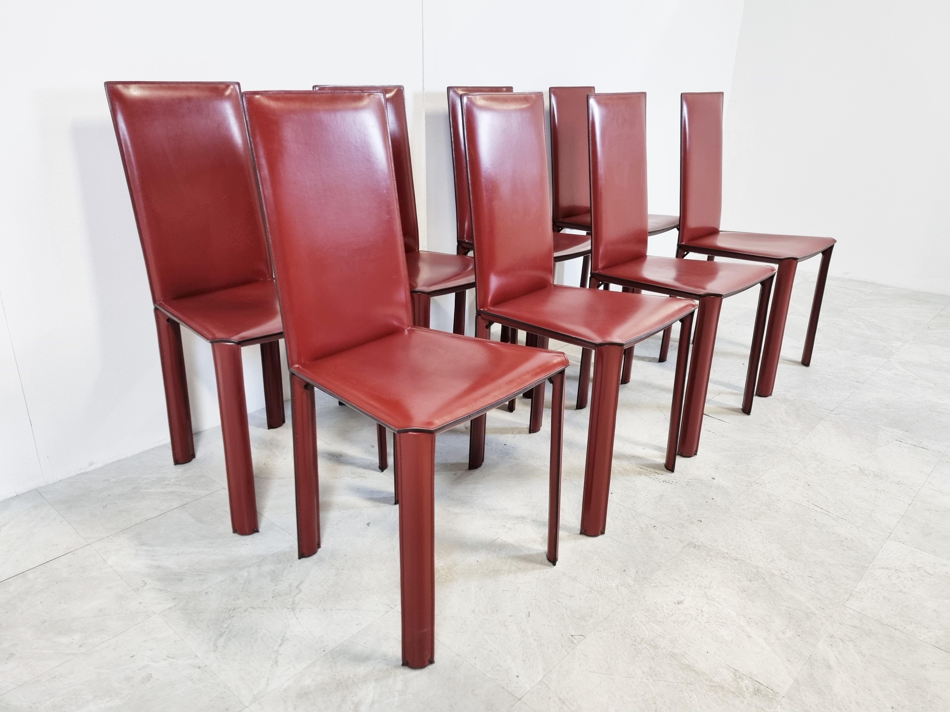 Late 20th Century Red Leather Dining Chairs by De Couro Brazil, 1980s, Set of 8