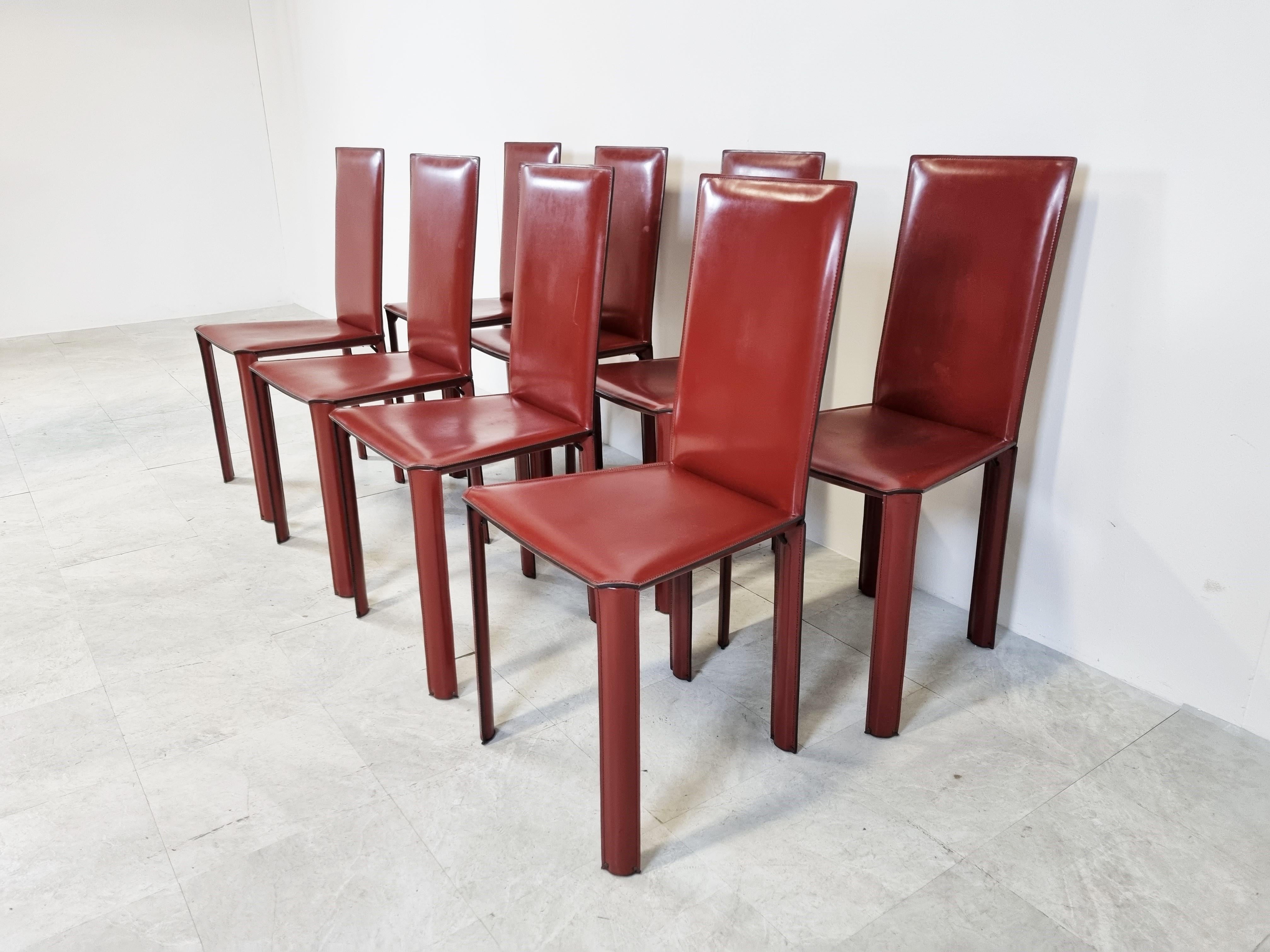 Red Leather Dining Chairs by De Couro Brazil, 1980s, Set of 8 1