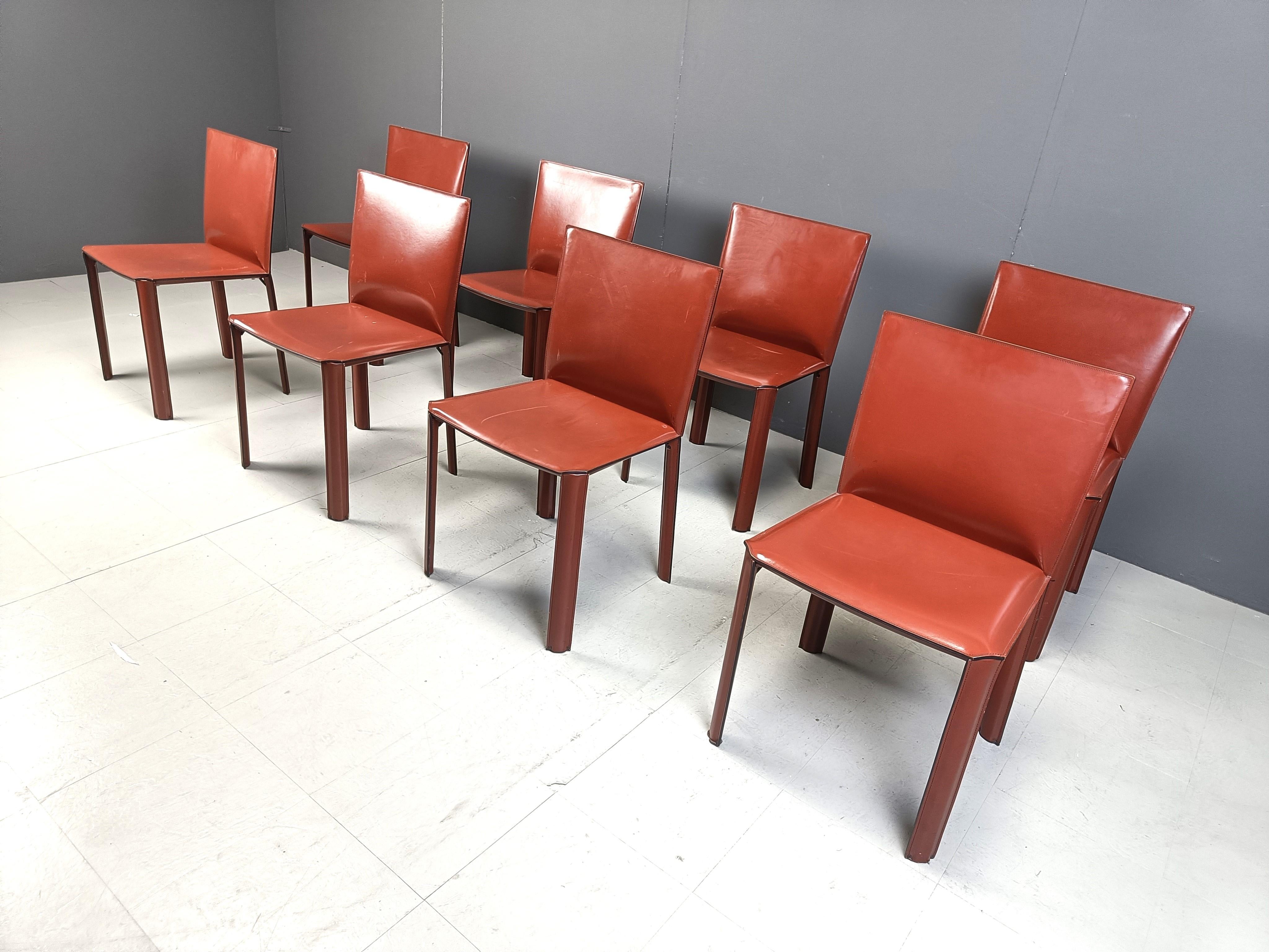 Red leather dining chairs by De Couro Brazil, 1980s - set of 8 In Good Condition In Leuven, Vlaams Gewest