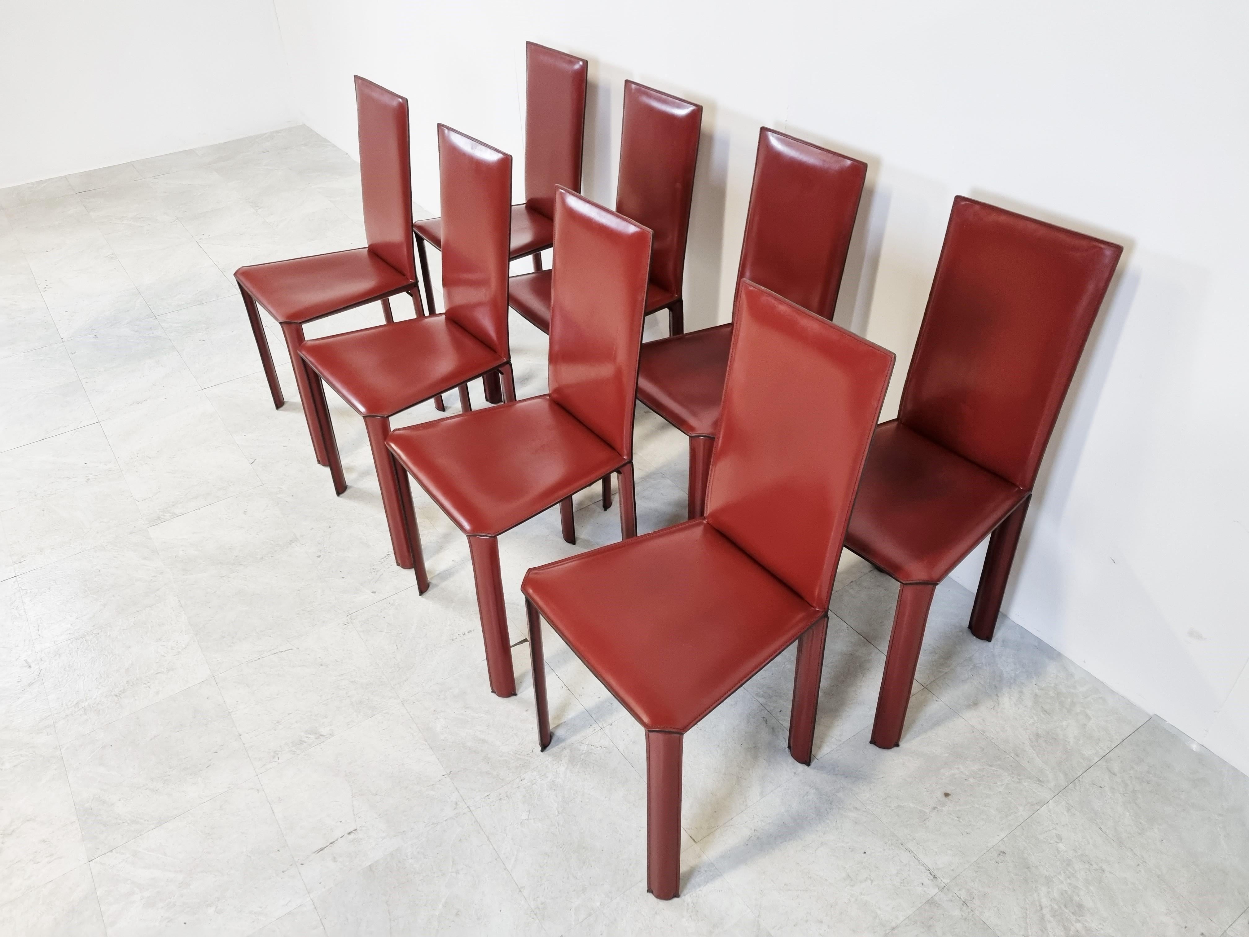 Red Leather Dining Chairs by De Couro Brazil, 1980s, Set of 8 2