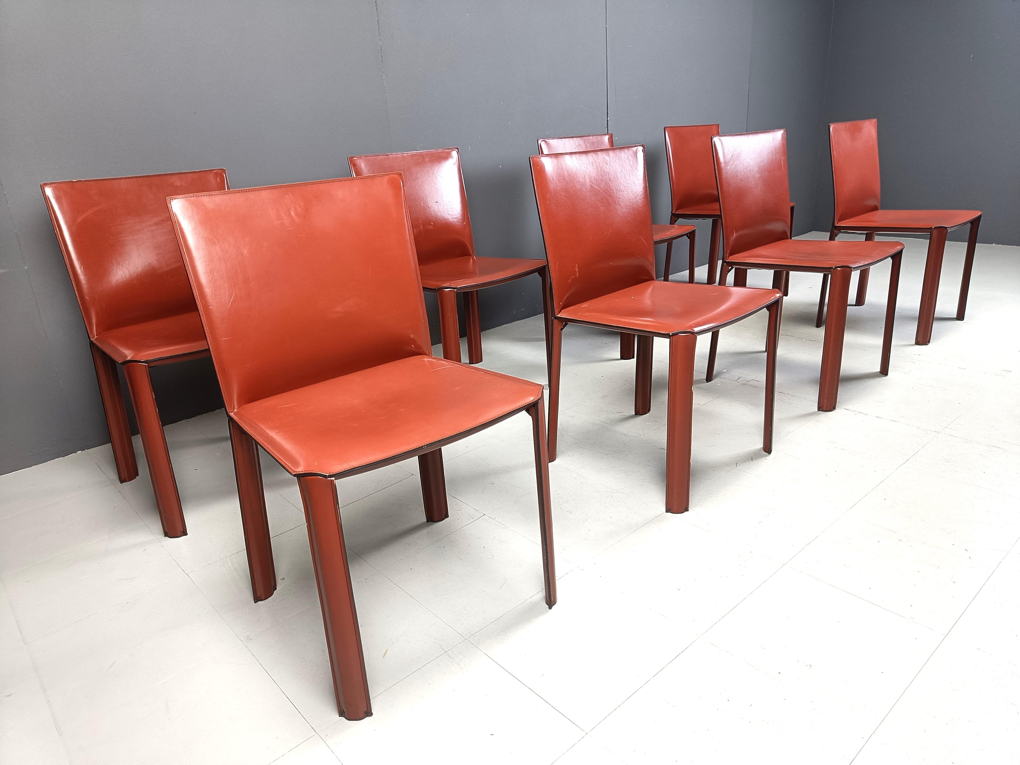 Late 20th Century Red leather dining chairs by De Couro Brazil, 1980s - set of 8
