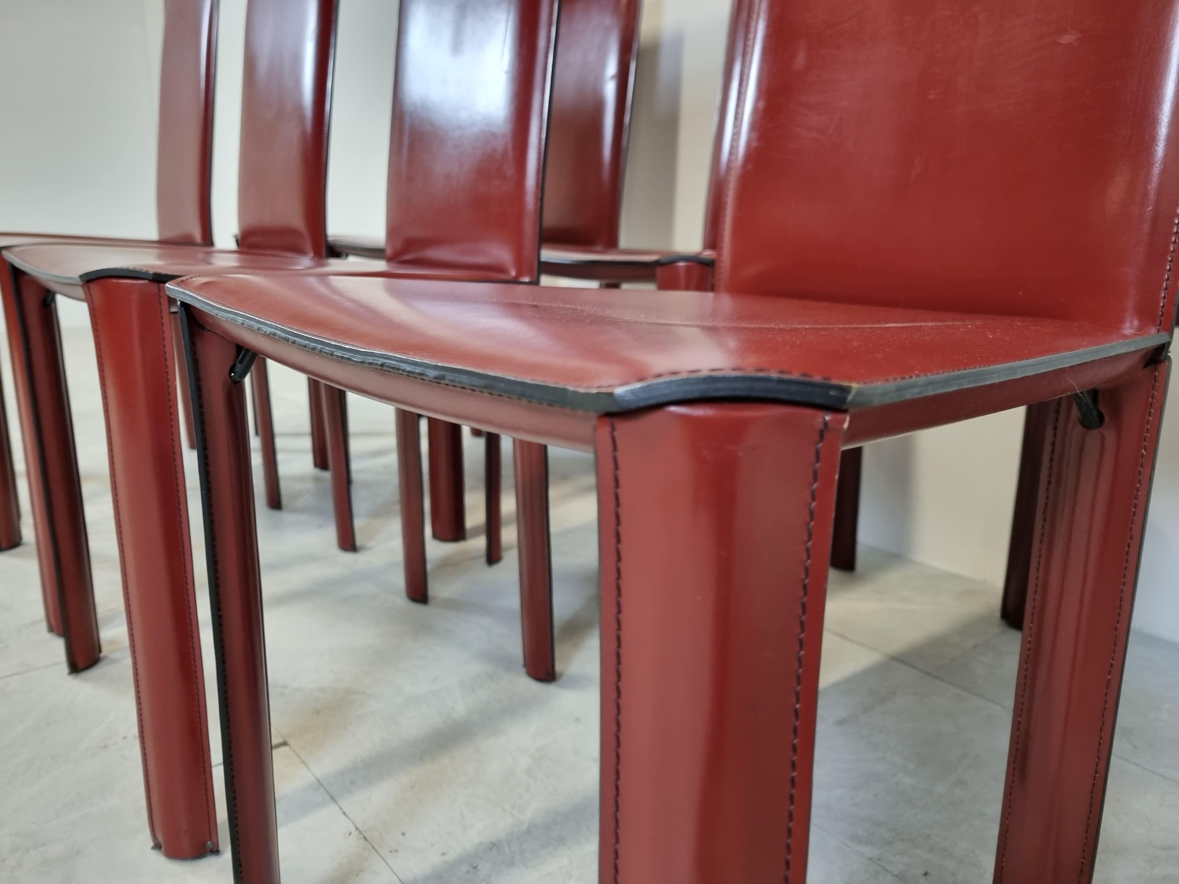 Red Leather Dining Chairs by De Couro Brazil, 1980s, Set of 8 3