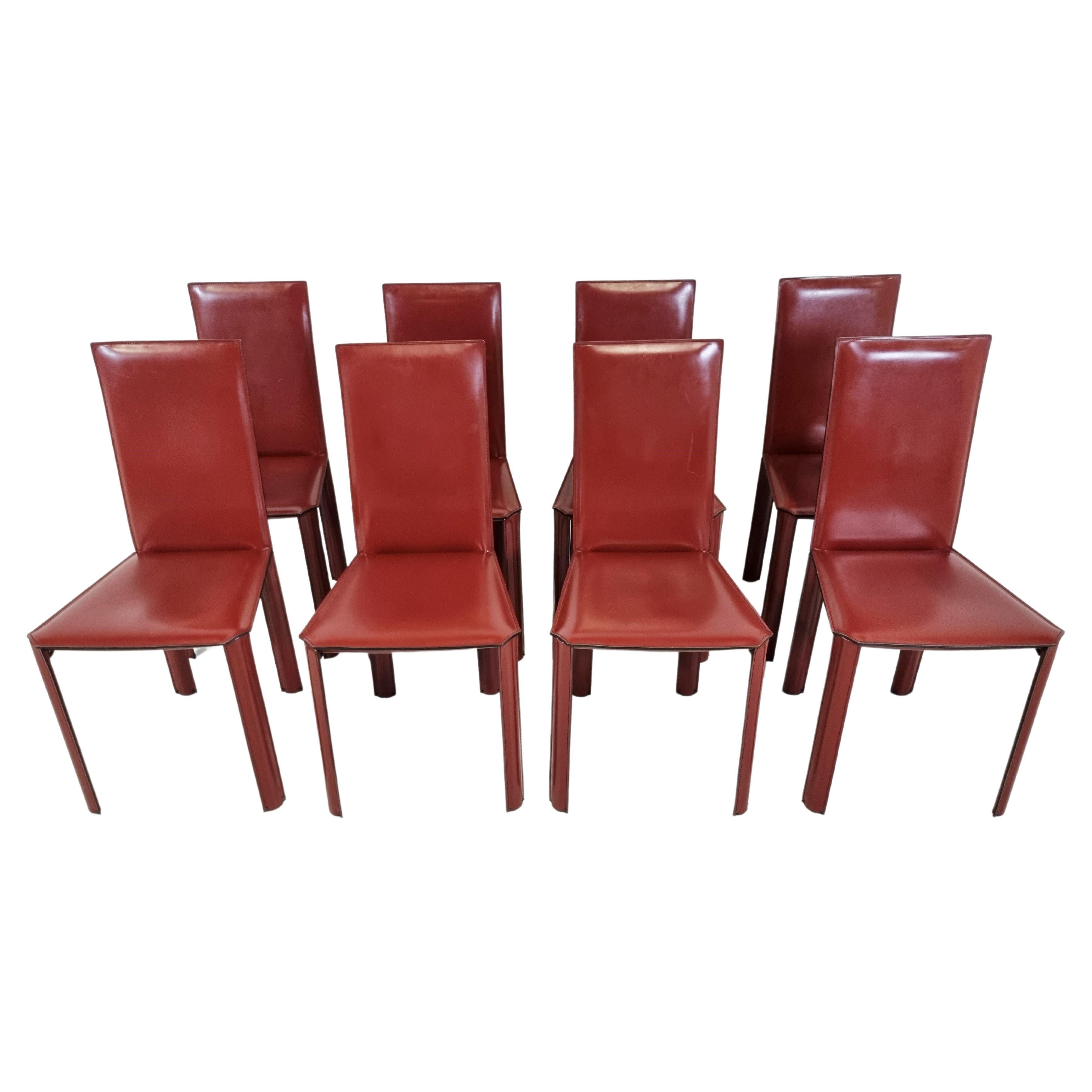 Red Leather Dining Chairs by De Couro Brazil, 1980s, Set of 8