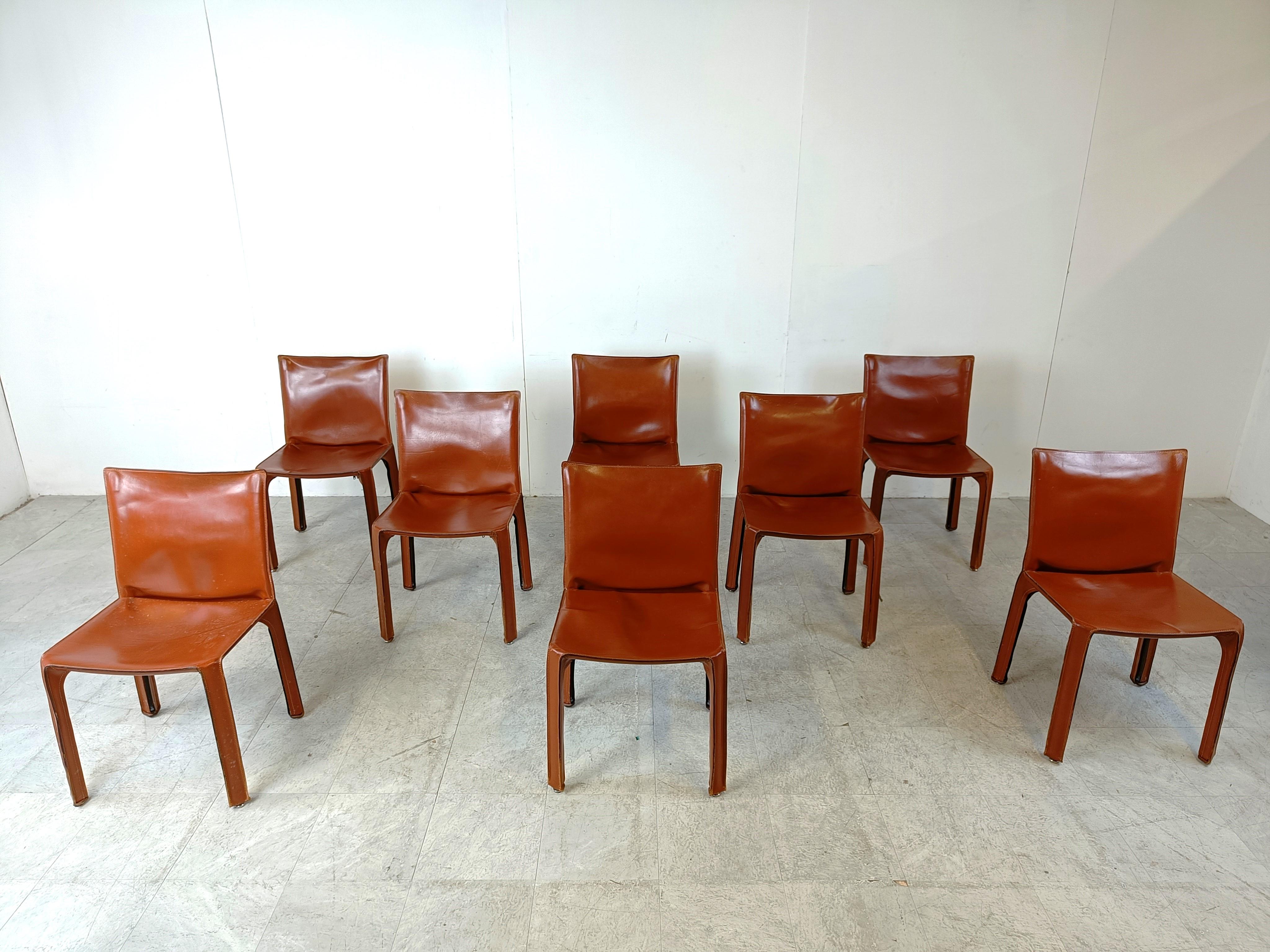 Mid-Century Modern Red leather dining chairs Italy, 1970s - set of 8