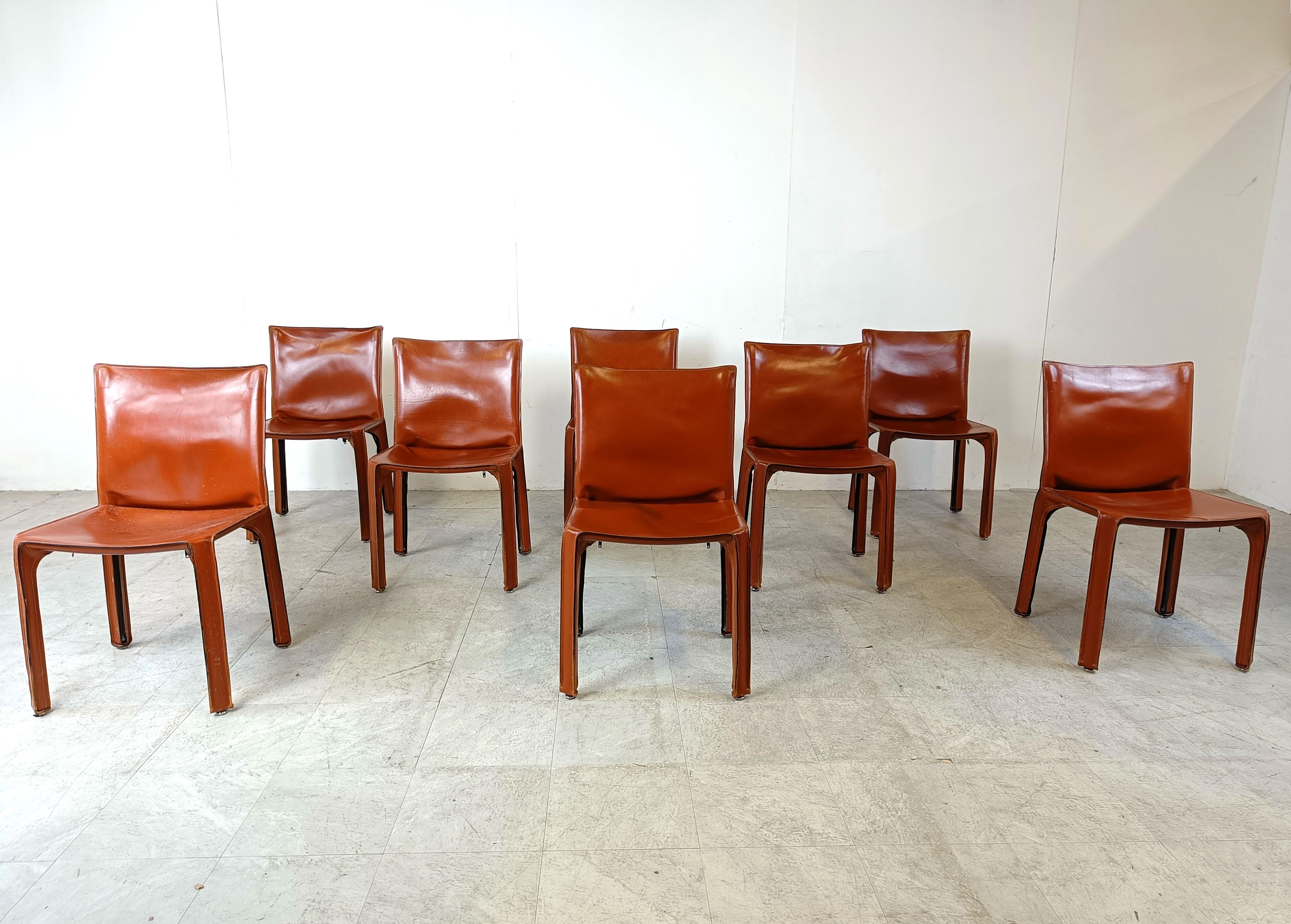 Italian Red leather dining chairs Italy, 1970s - set of 8