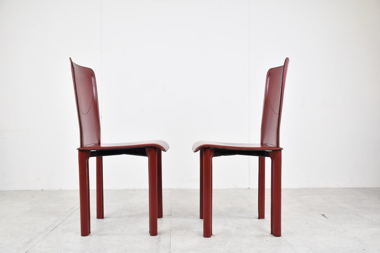 Red Leather Dining Chairs Made in Italy, 1980s, Set of 6 For Sale at
