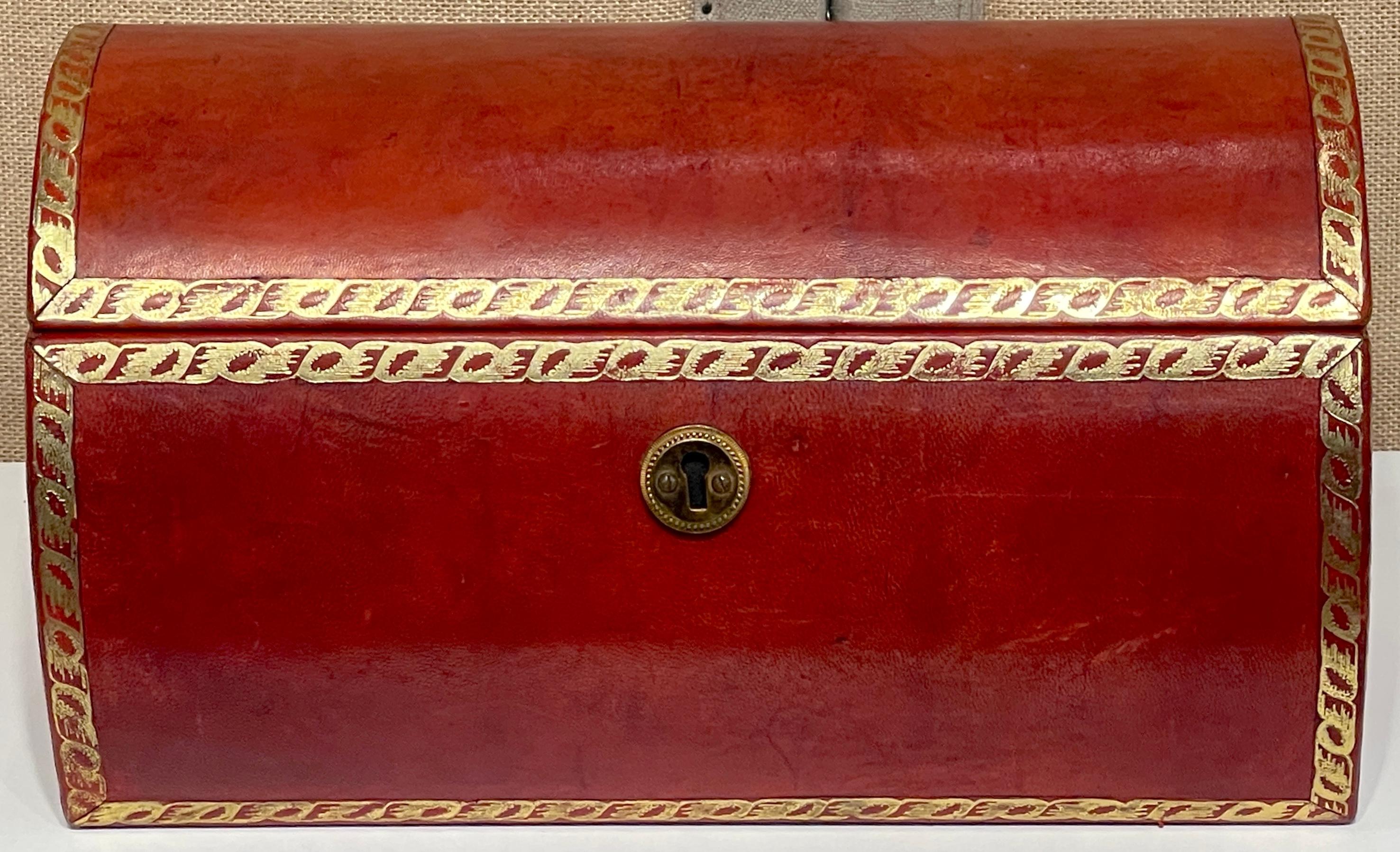 English Regency Style Red Leather and Gilt Domed Box For Sale at 1stDibs