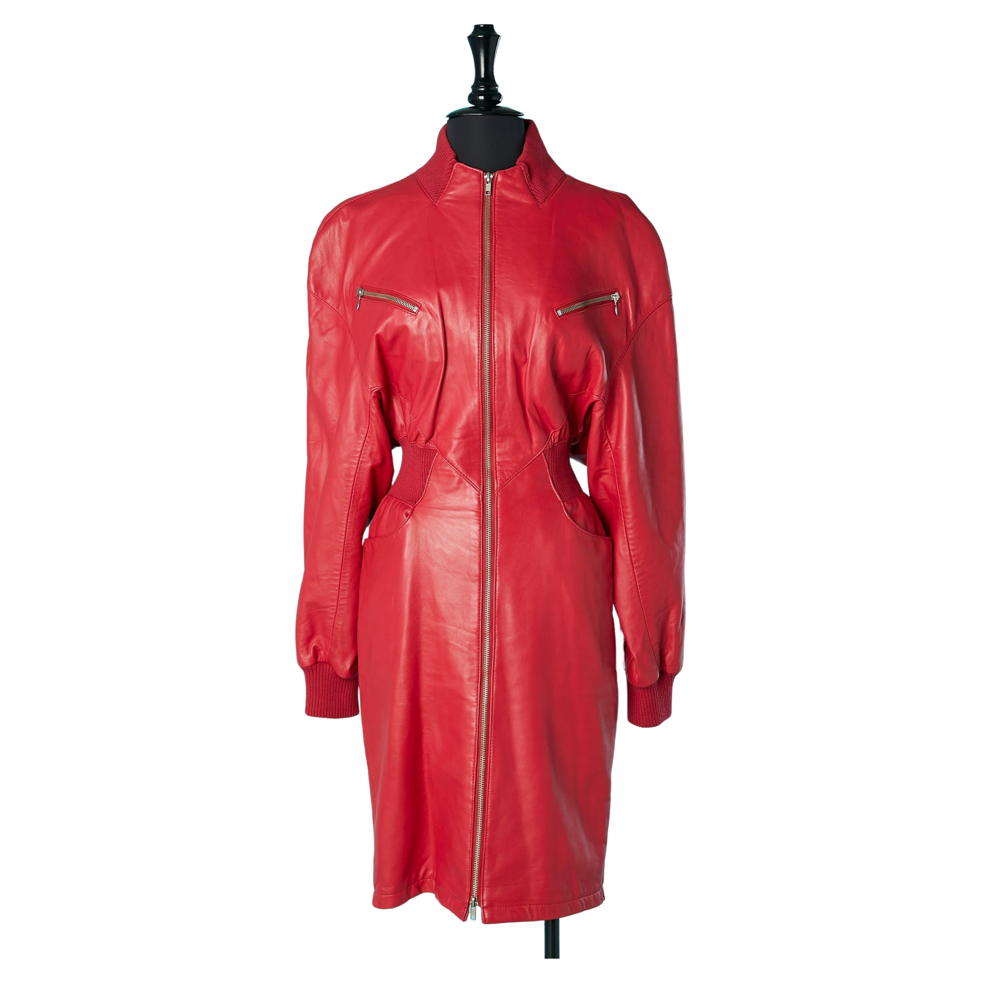 Red leather dress with zip Michael Hoban for North Beach Leather  For Sale