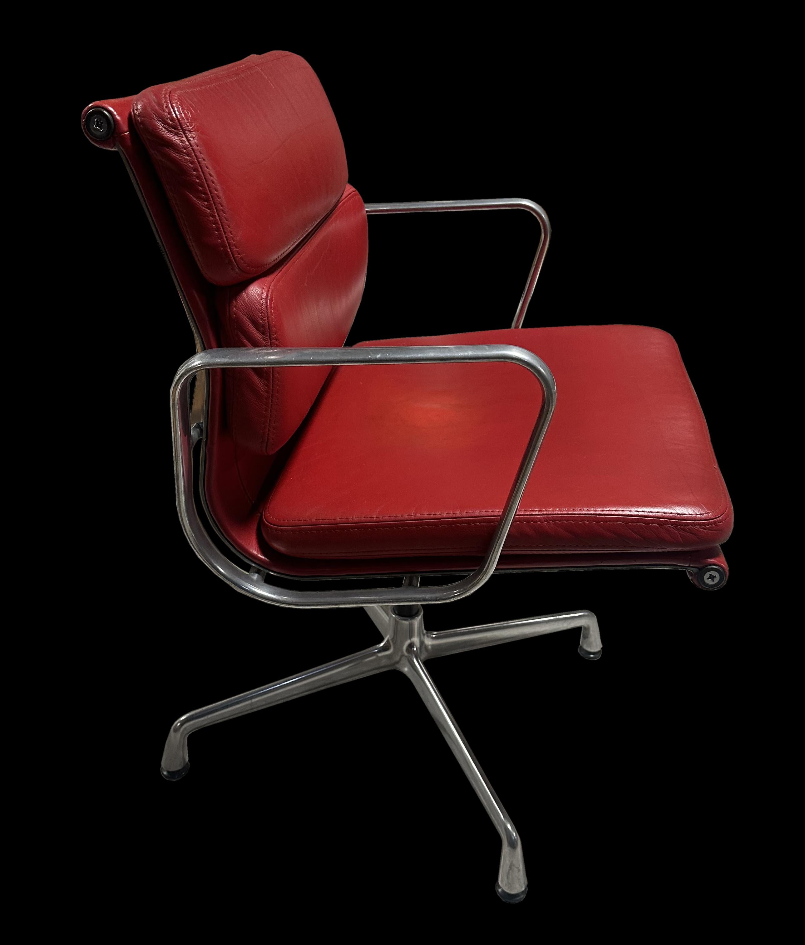 Mid-Century Modern Red Leather Eames EA208 Soft Pad Swivel Chair For Sale