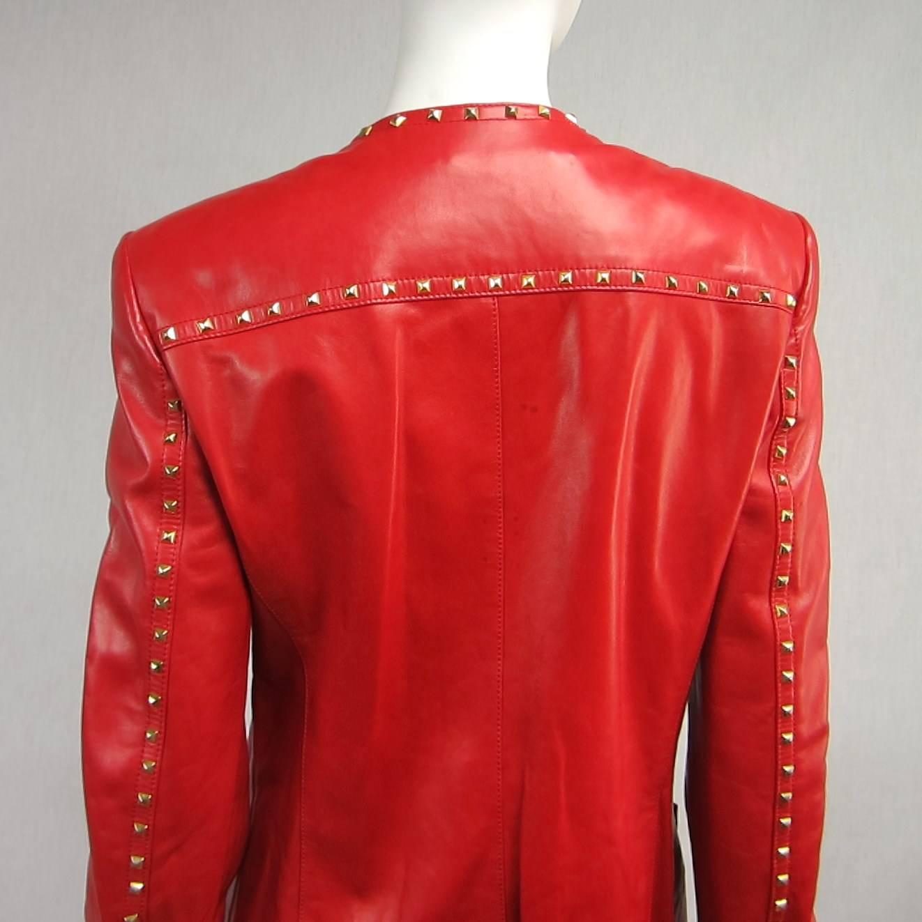 Red Leather Escada Gold Studded Blazer Jacket 1990s In Good Condition For Sale In Wallkill, NY