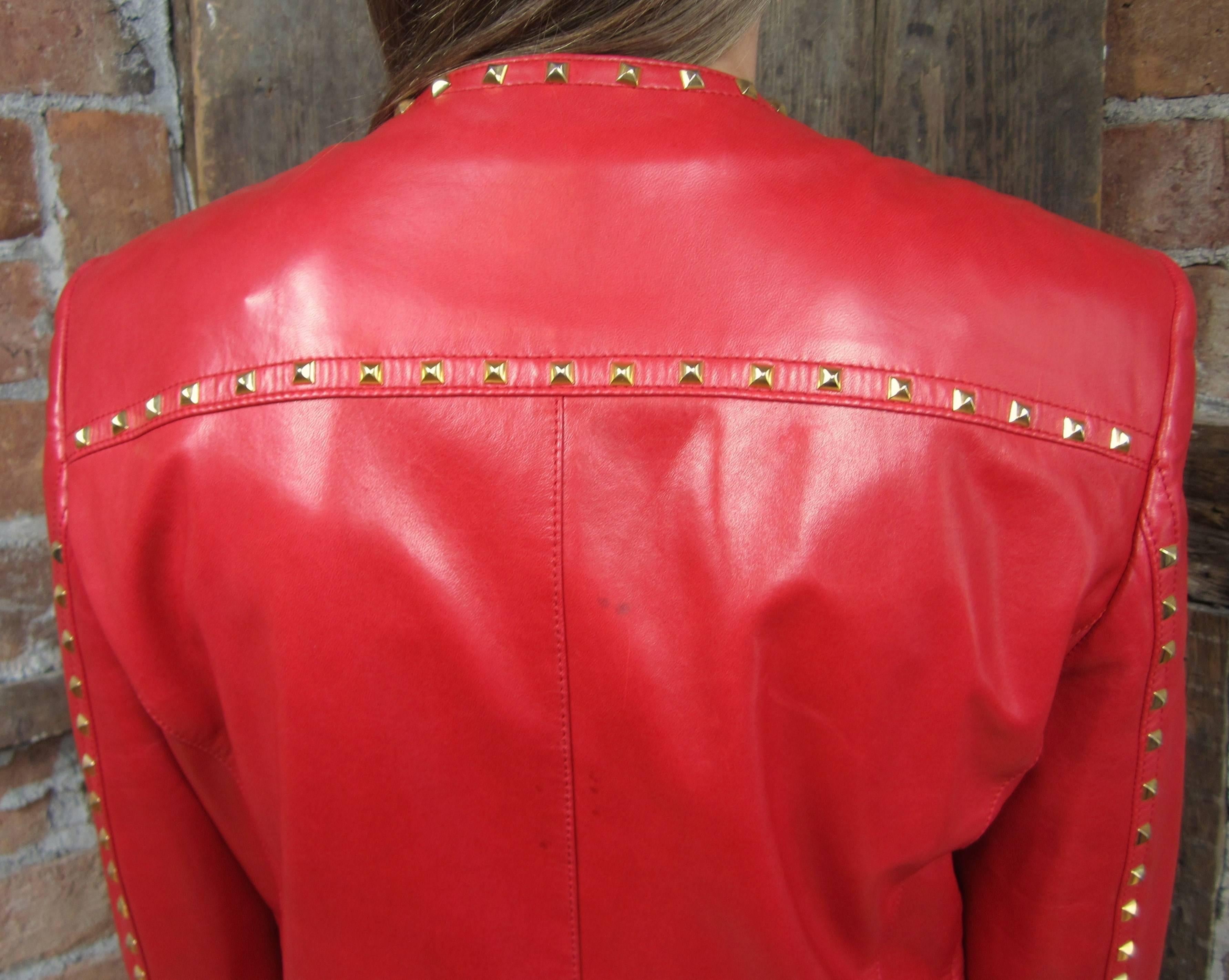 Women's Red Leather Escada Gold Studded Blazer Jacket 1990s For Sale