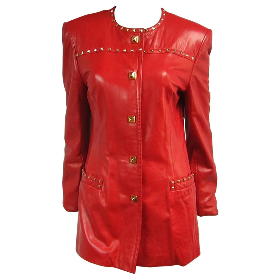 Red Leather Escada Gold Studded Blazer Jacket 1990s