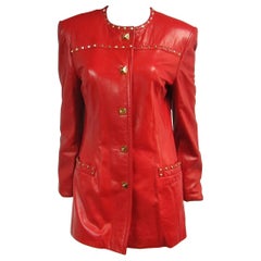 Vintage Red Leather Escada Gold Studded Blazer Jacket 1990s