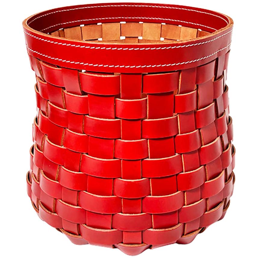 Red Leather "Intrecci" Woven Basket, Italy