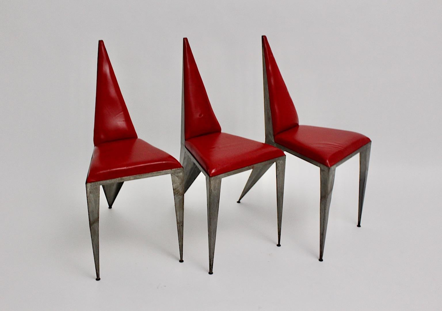 Red Leather Iron Vintage Geometric Dining Chairs or Chairs Modern 1960s Austria In Fair Condition For Sale In Vienna, AT