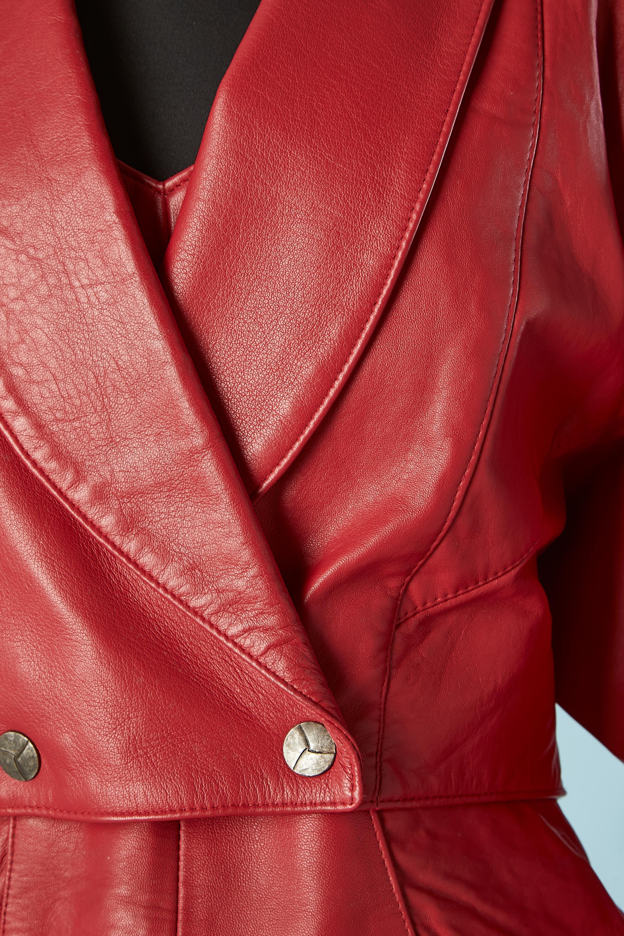 Red leather jacket and bustier dress. Main fabric composition: Genuine leather. Lining: Rayon
Snap middle front, shoulder-pad and cut-work on the jacket. 
SIZE 9/10
