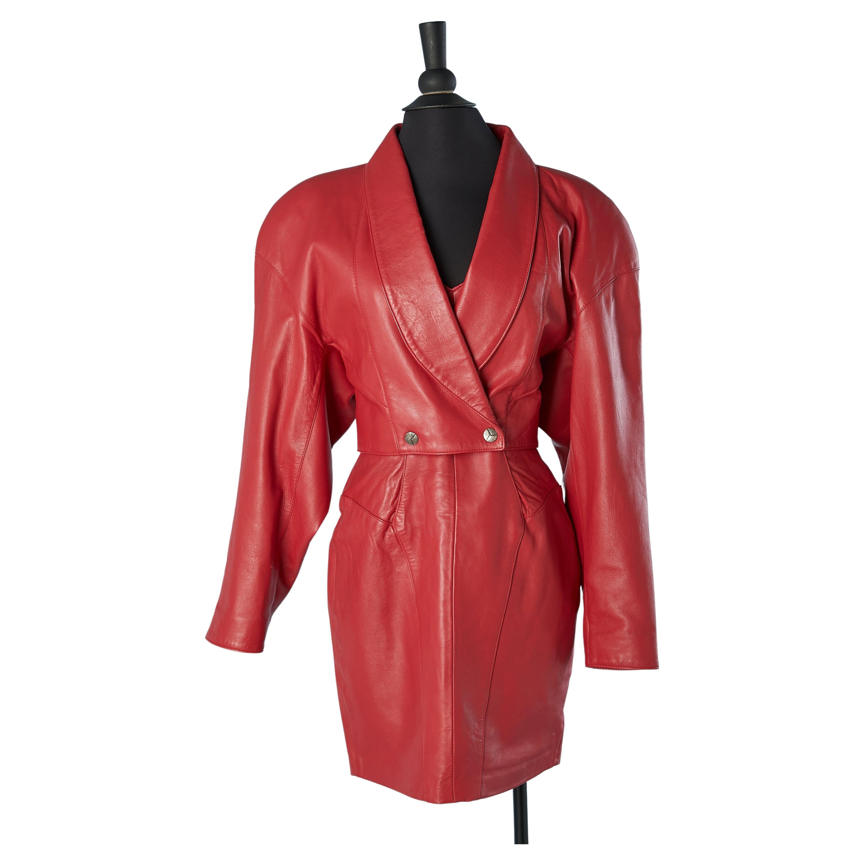 Red leather jacket and bustier dress Michael  Hoban " North Beach Leather"  For Sale