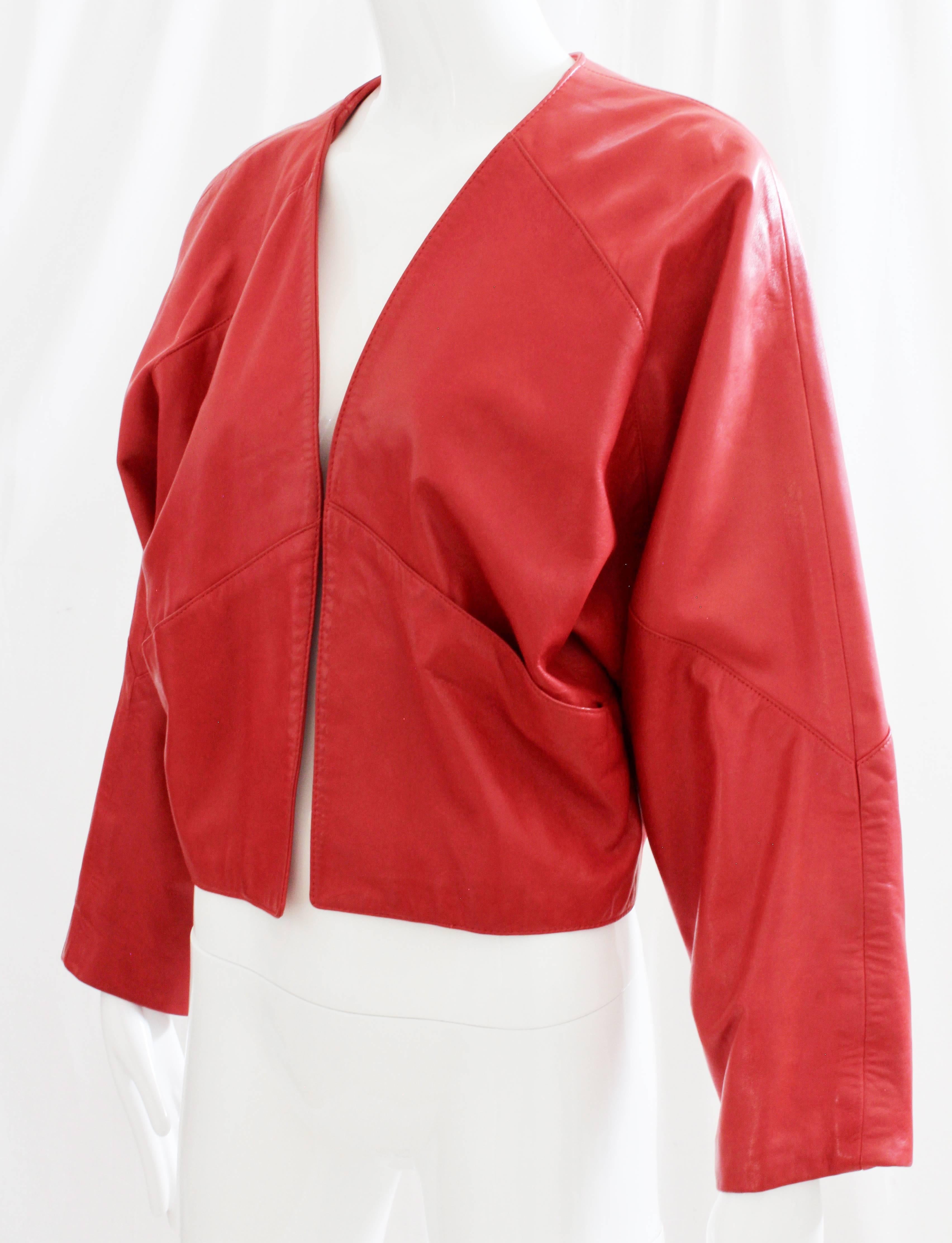 Women's Red Leather Jacket Retro 80s Dolman Sleeves Slash Pockets Size M