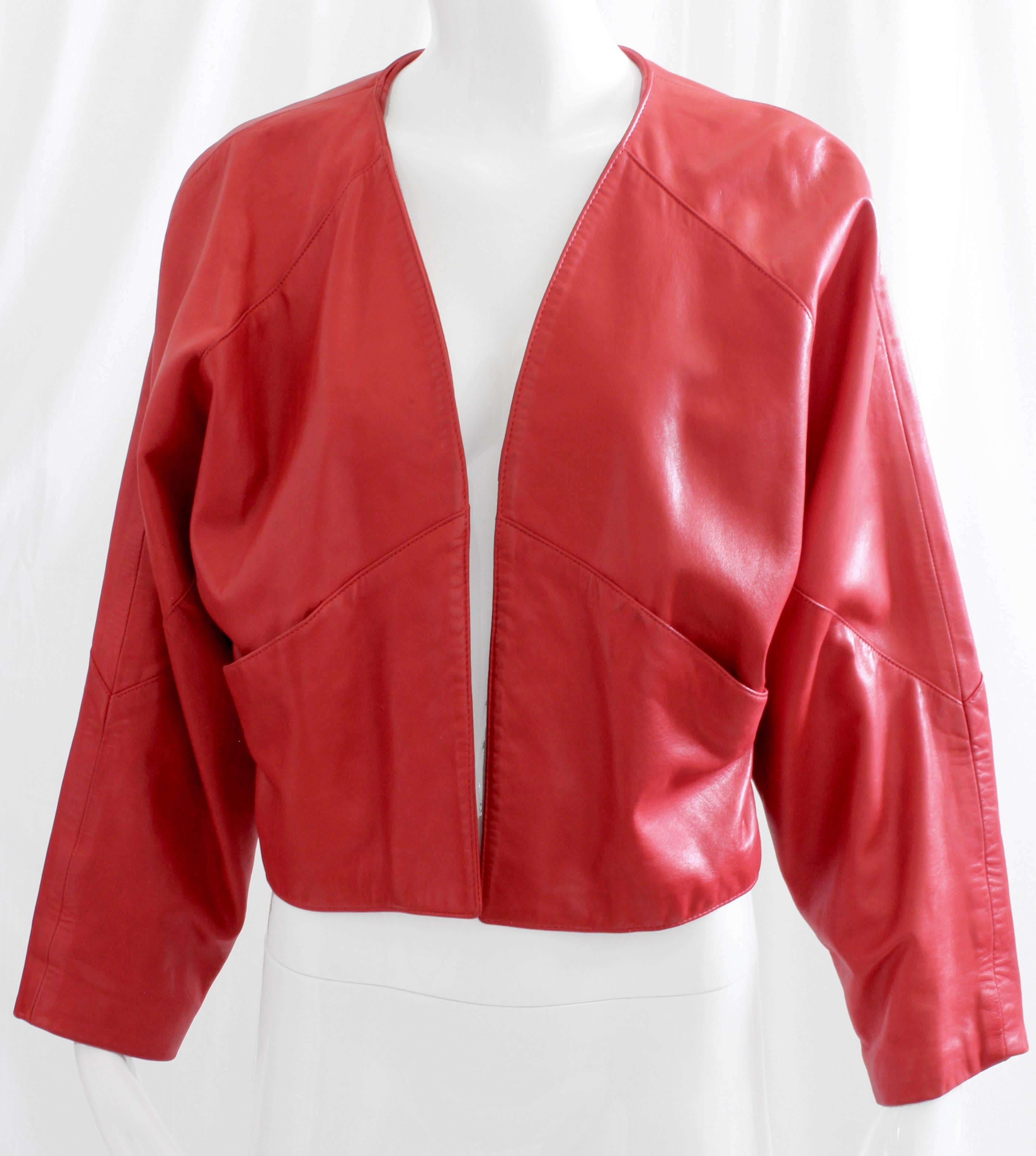 Red Leather Jacket Retro 80s Dolman Sleeves Slash Pockets Size M 1