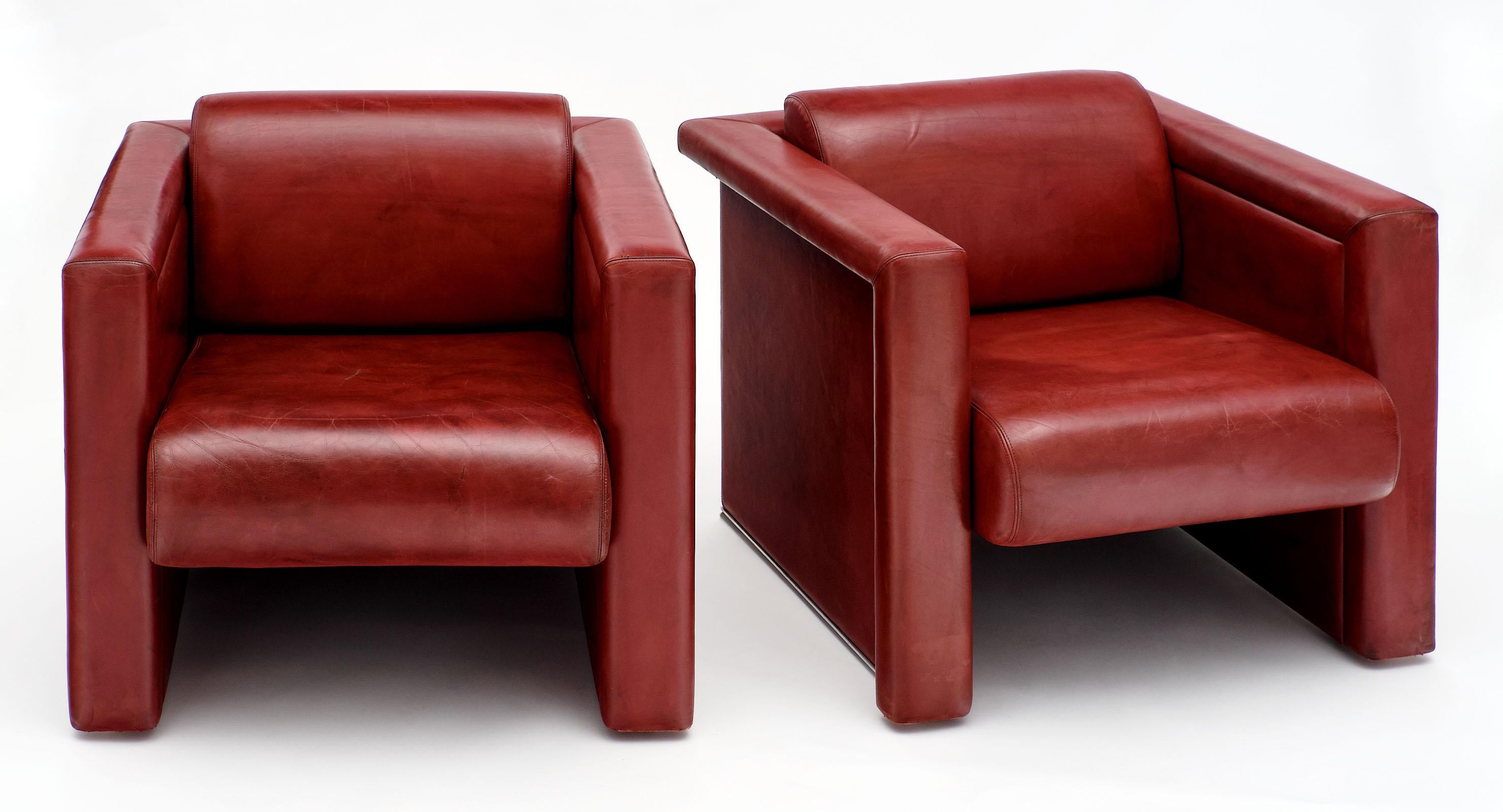 Modern Red Leather Knoll Armchairs