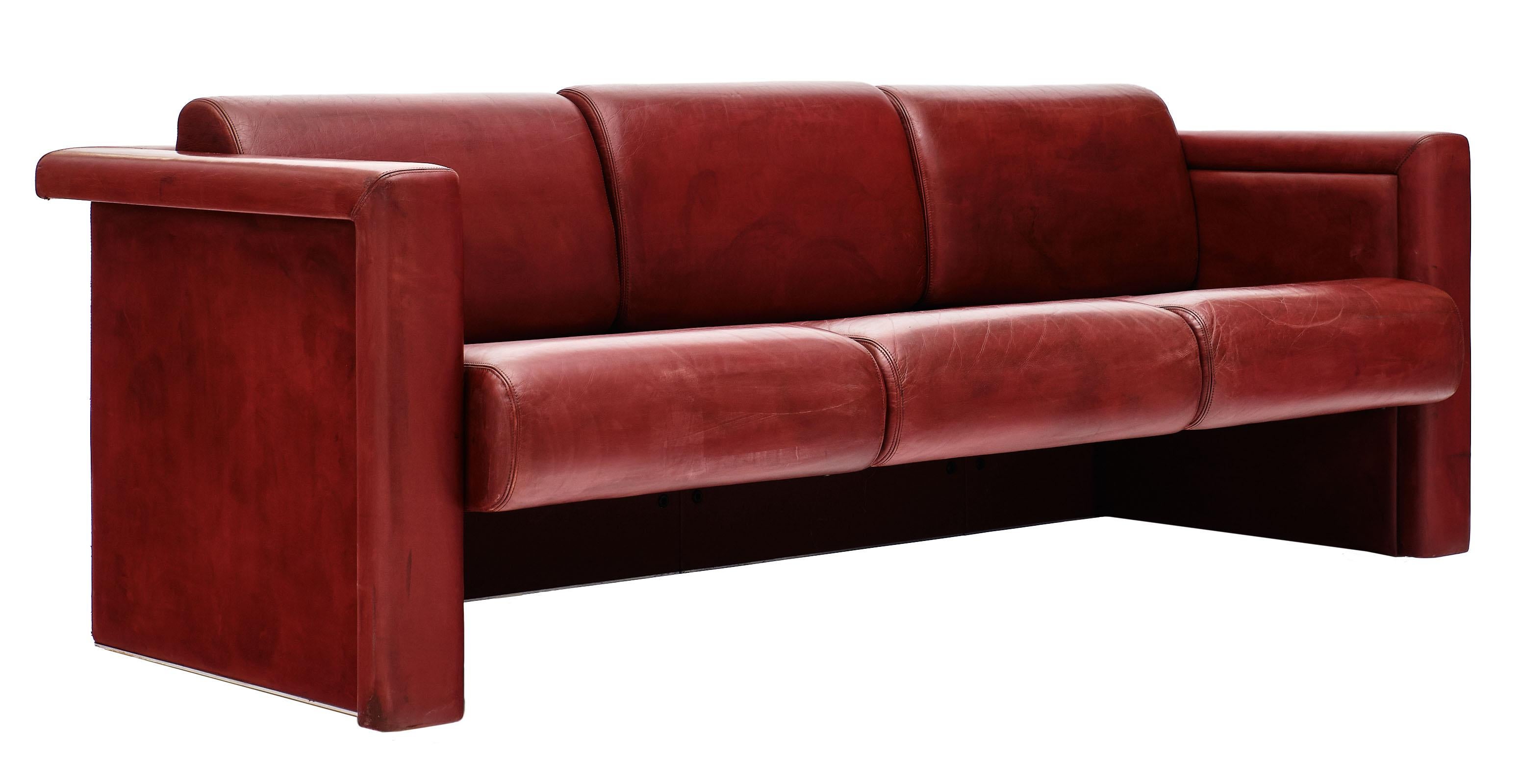 Modern Red Leather Knoll Sofa